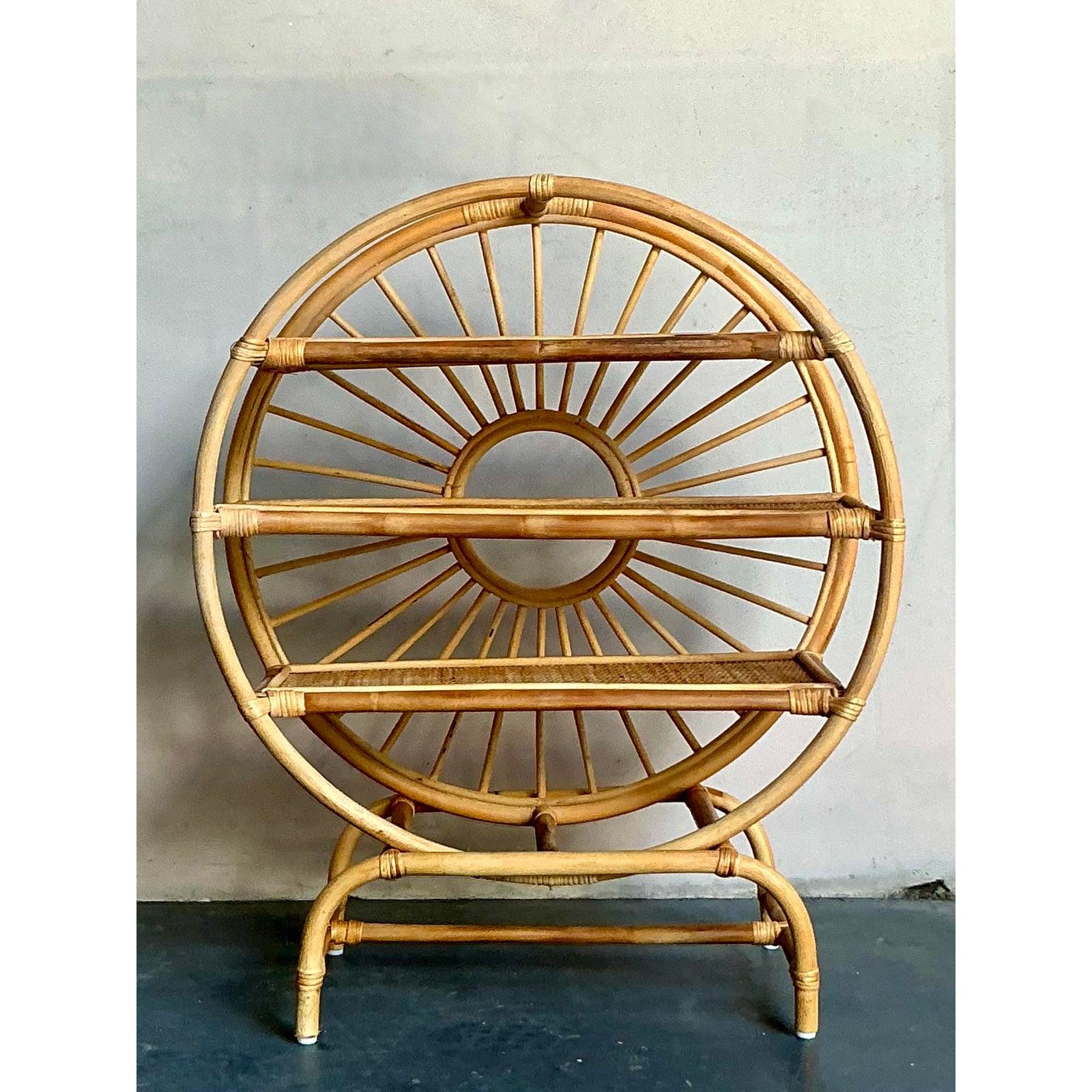 Cane Vintage Boho Rattan Table Top Etagere For Sale