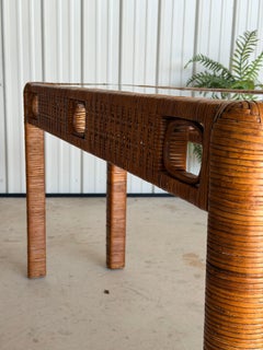 Vintage Boho Rattan Wrapped Console With Woven Apron & Glass Top
