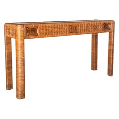 Vintage Boho Rattan Wrapped Console With Woven Apron & Glass Top