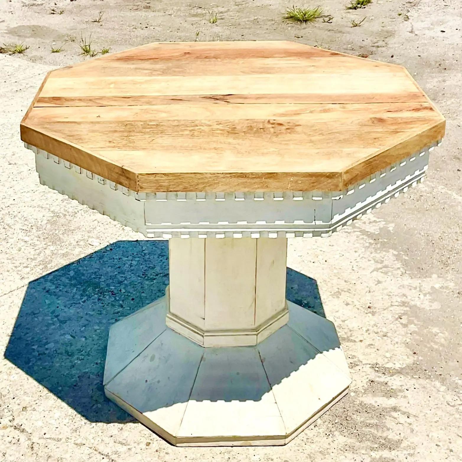 Fantastic vintage notched wood entry table. Beautiful reclaimed wood in two finishes, natural and white. Perfect for your entry or small dining area. Even a chic side table. You decide! Acquired from a Palm Beach estate.

The table is in great