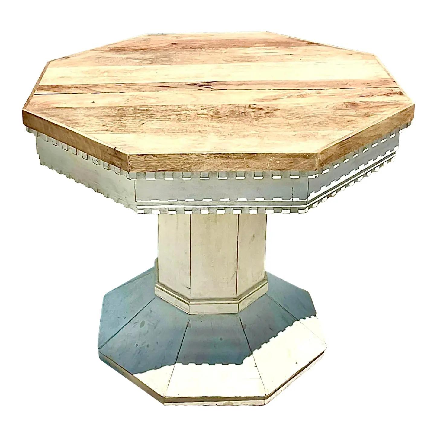 Vintage Boho Reclaimed Wood Octagon Notched Table In Good Condition In west palm beach, FL