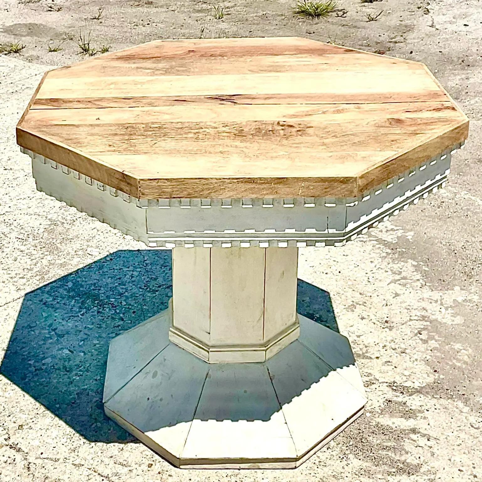 20th Century Vintage Boho Reclaimed Wood Octagon Notched Table
