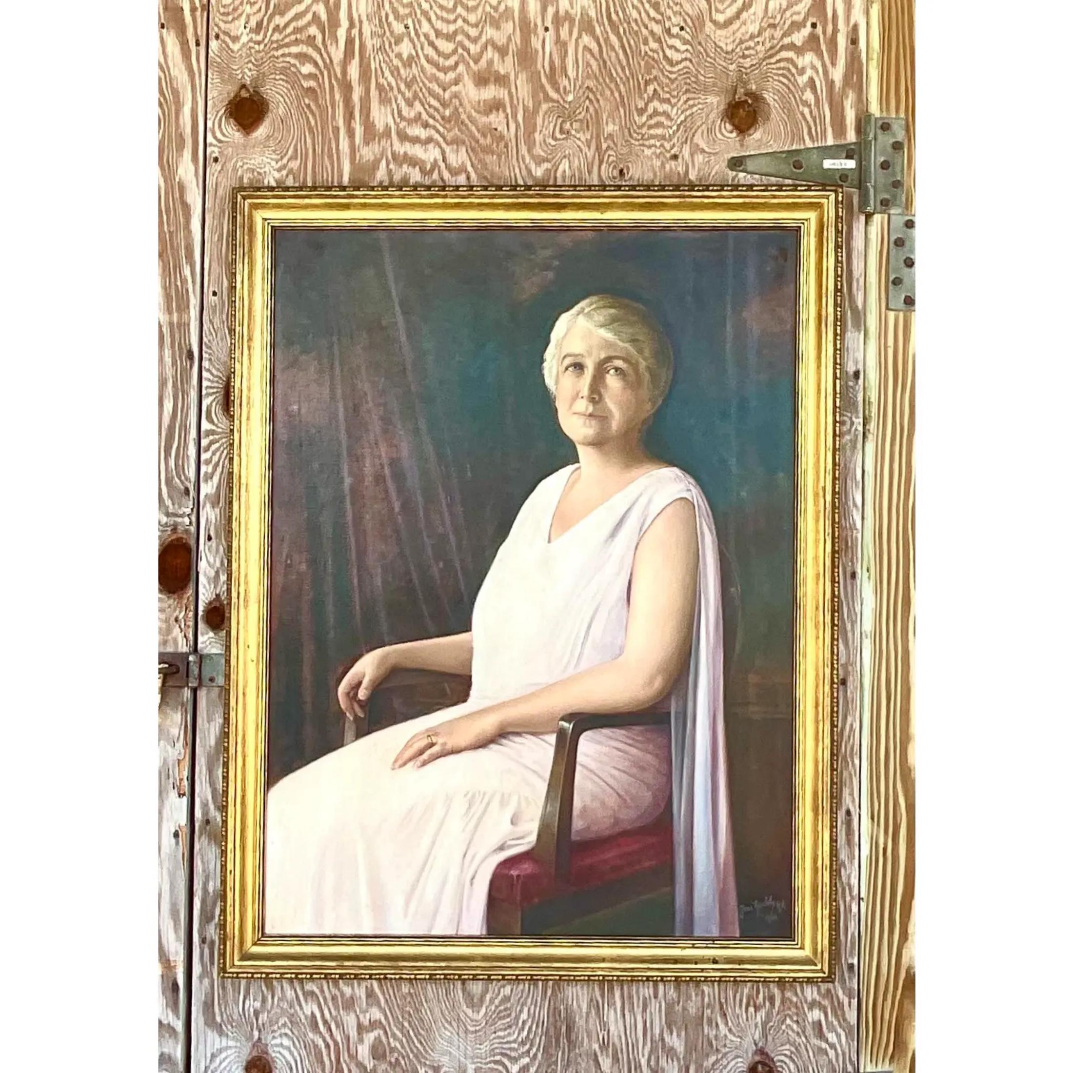 Fantastic vintage original oil portrait. A beautiful composition of an elegant lady. Signed by the artist and dated 1931. The artist , Jose Ruschty, was a student of Tbe Royal Academy of Art. The insignia appears in the artist signature. Acquired