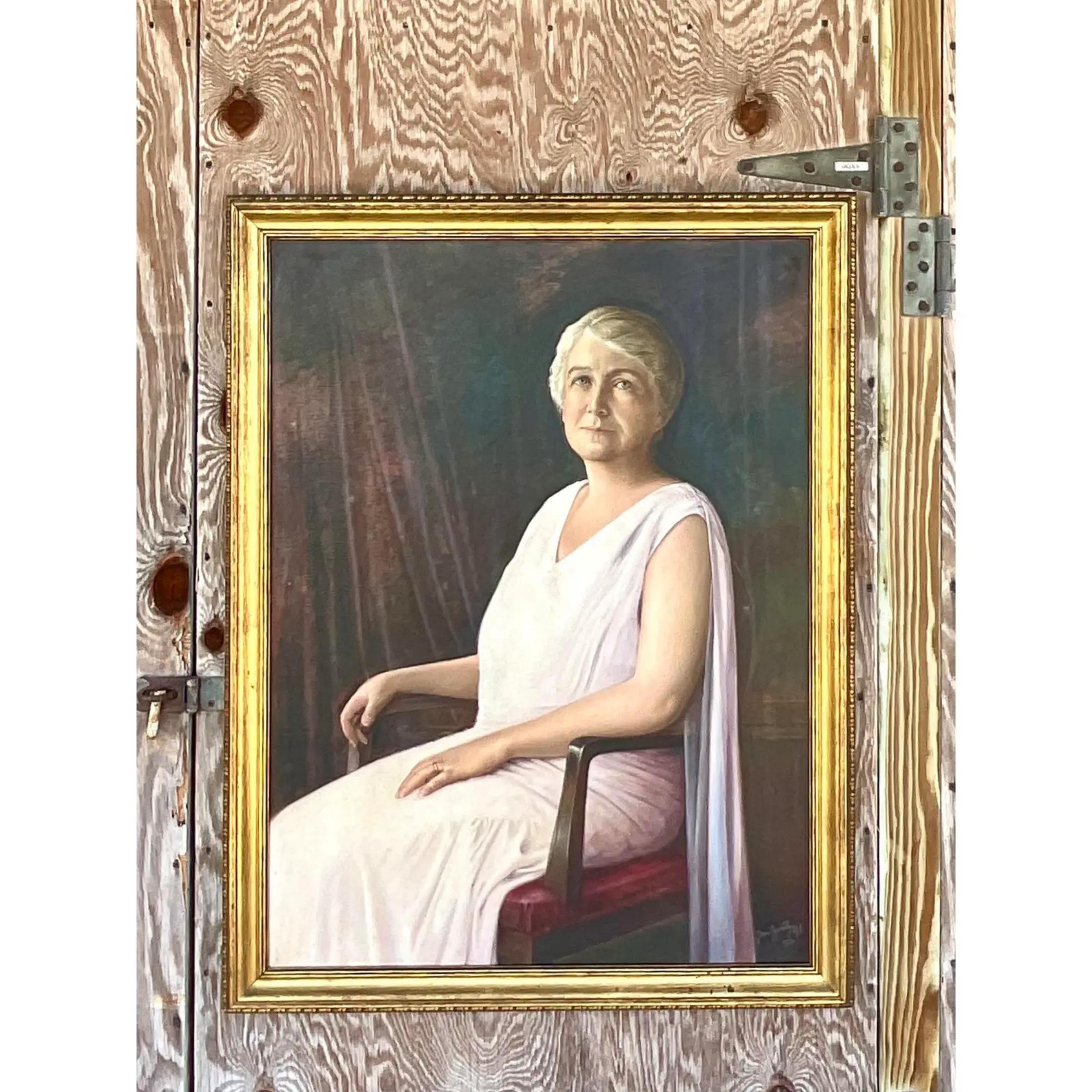 Milieu du XXe siècle Portrait à l'huile original de l'artiste de la Royal Academy, style Boho Regency en vente