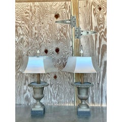 Vintage Boho Remaudier Urn Lamps With Metal Shades - A Pair