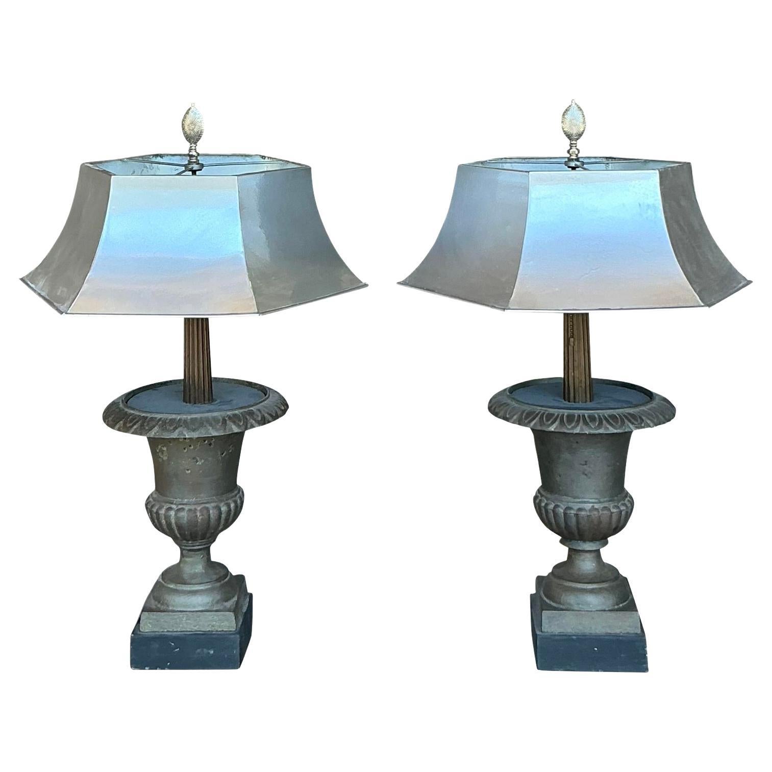 Vintage Boho Remaudier Urn Lamps With Metal Shades - A Pair