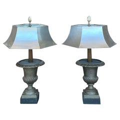 Vintage Boho Remaudier Urn Lamps With Metal Shades - A Pair