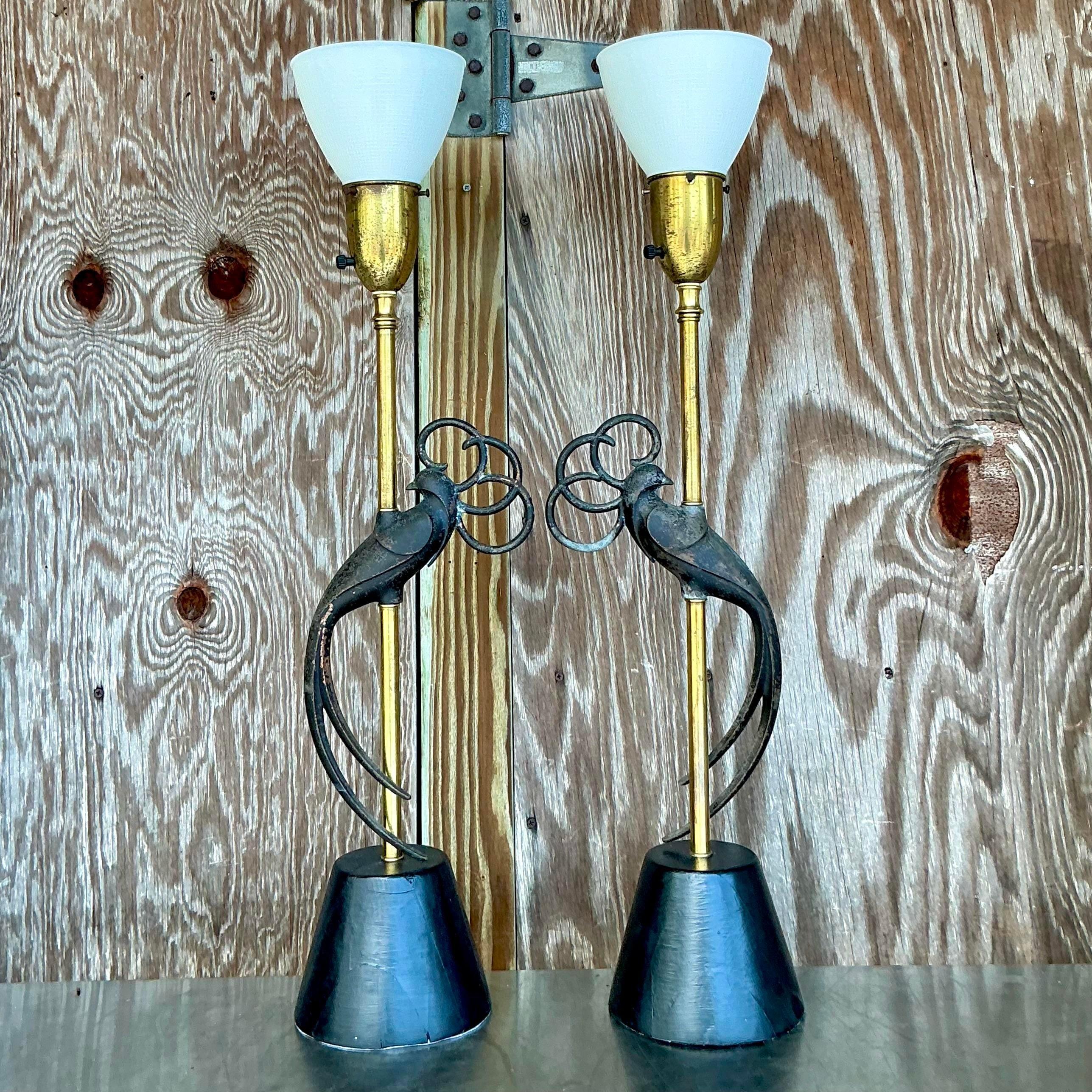 Vintage Boho Rembrandt Lovebirds Lamps a Pair