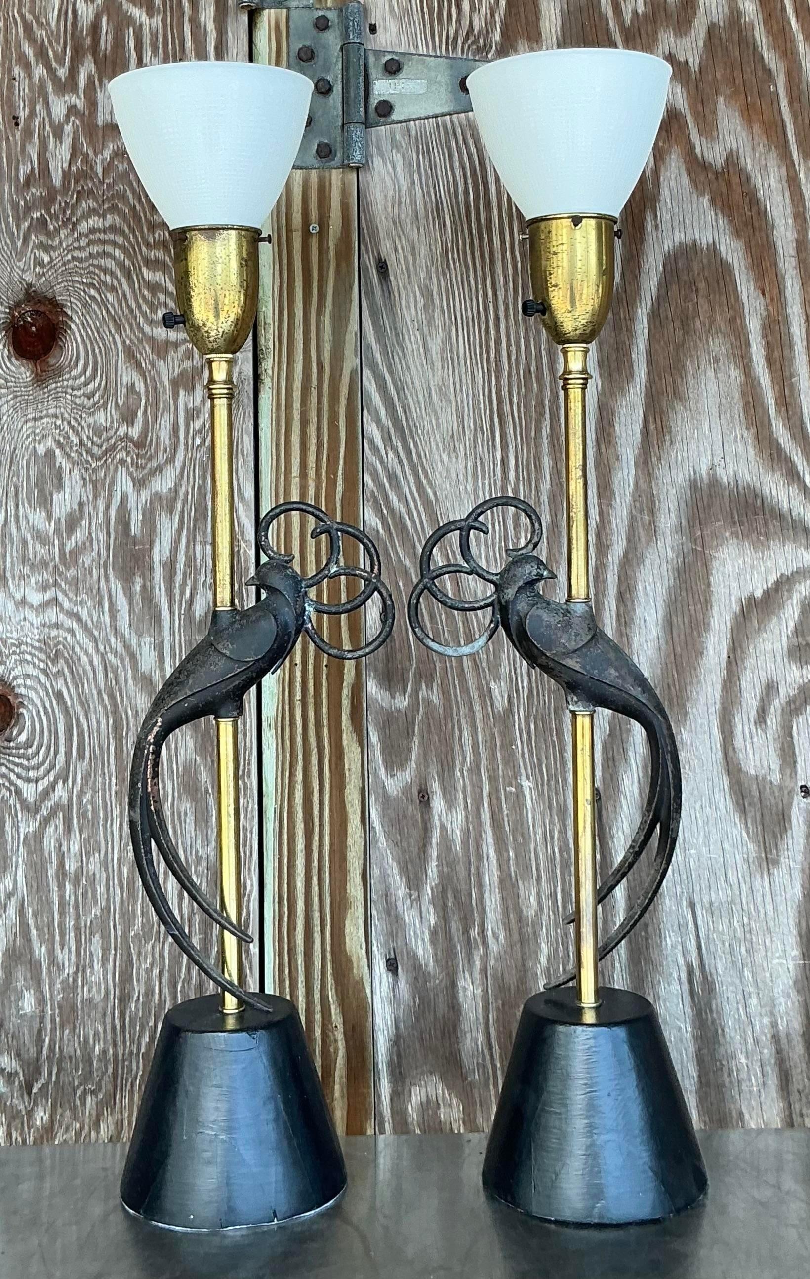 20th Century Vintage Boho Rembrandt Lovebirds Lamps - a Pair For Sale