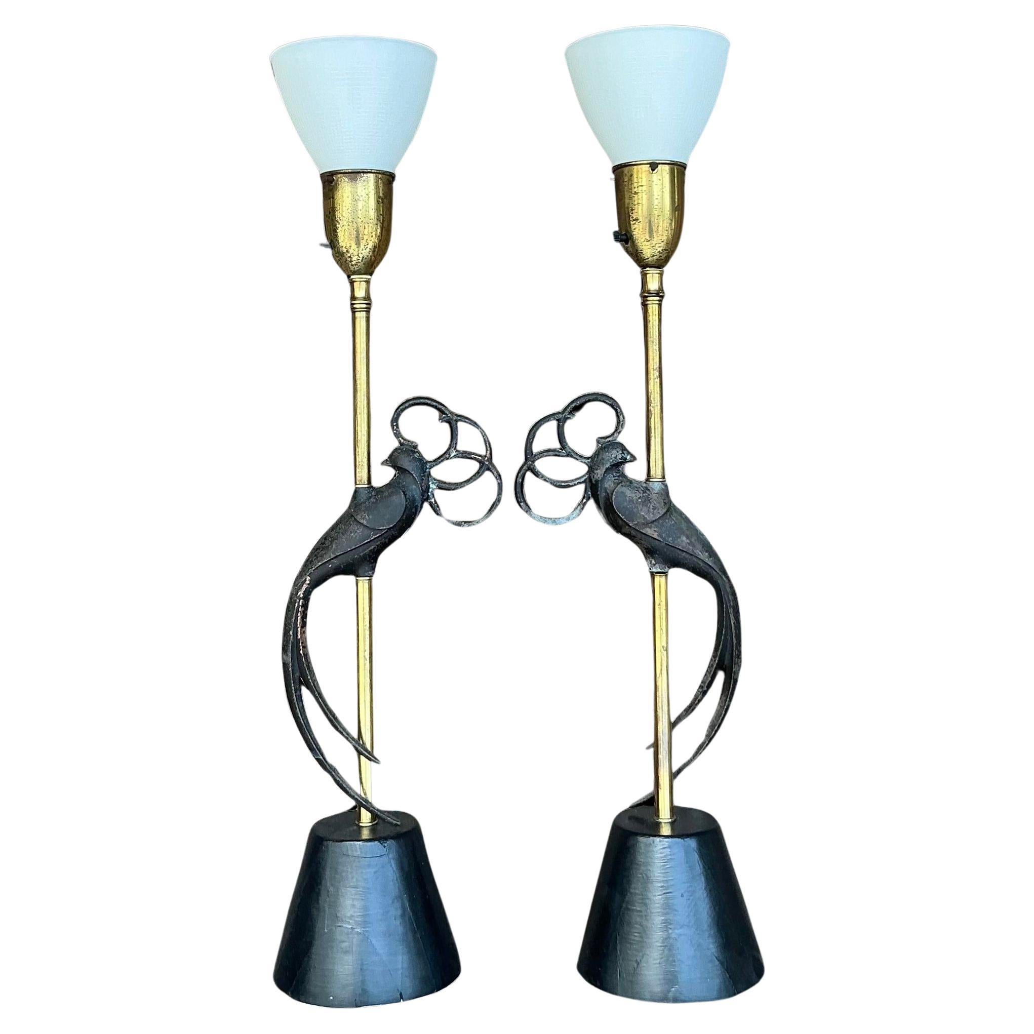 Vintage Boho Rembrandt Lovebirds Lamps - a Pair