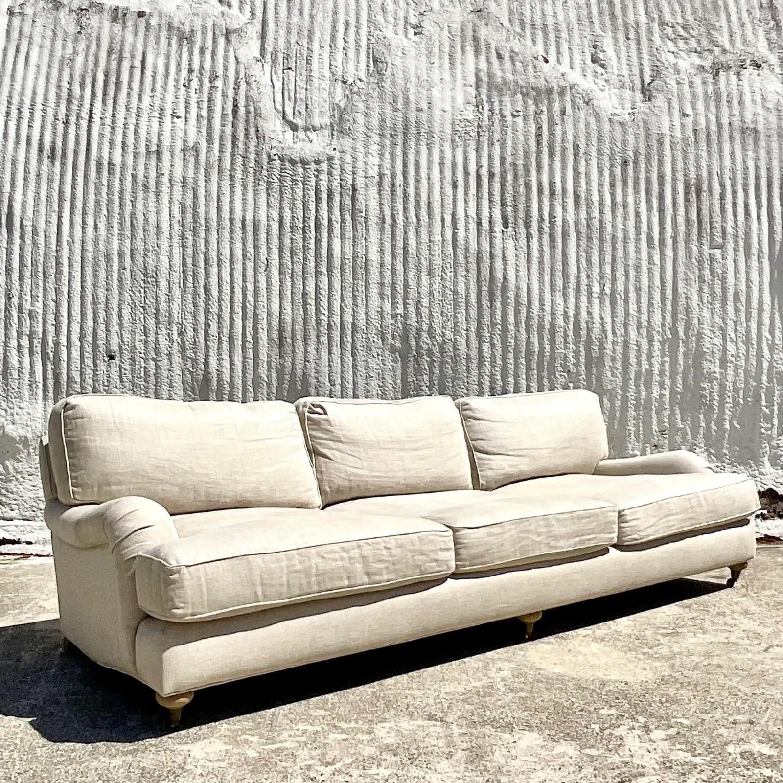 Vintage Boho Restoration Hardware Classic Roll Arm Belgian Linen Sofa