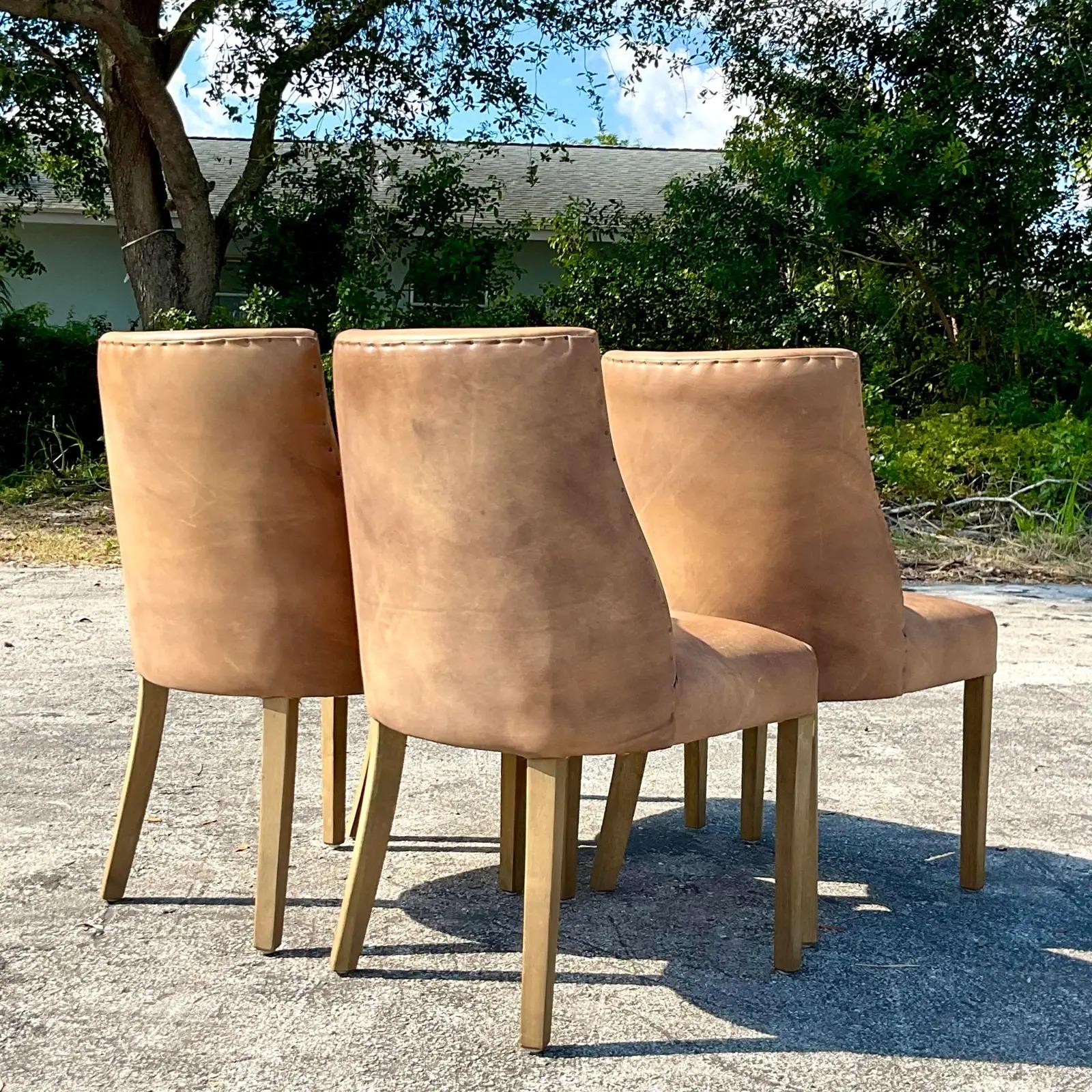 North American Vintage Boho Restoration Hardware “Ella” Custom Leather Dining Chairs, Set of 4