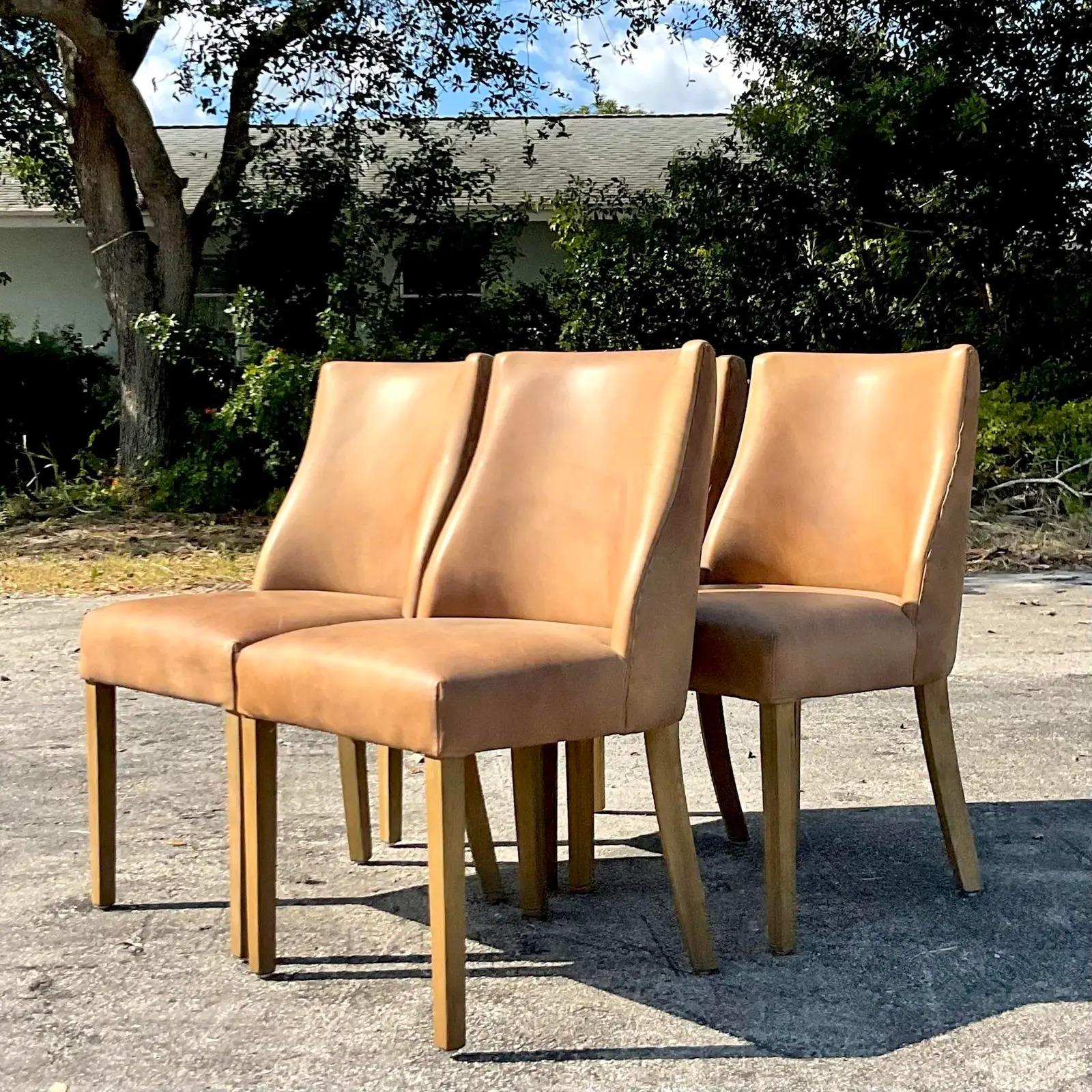 Vintage Boho Restoration Hardware “Ella” Custom Leather Dining Chairs, Set of 4 In Good Condition In west palm beach, FL