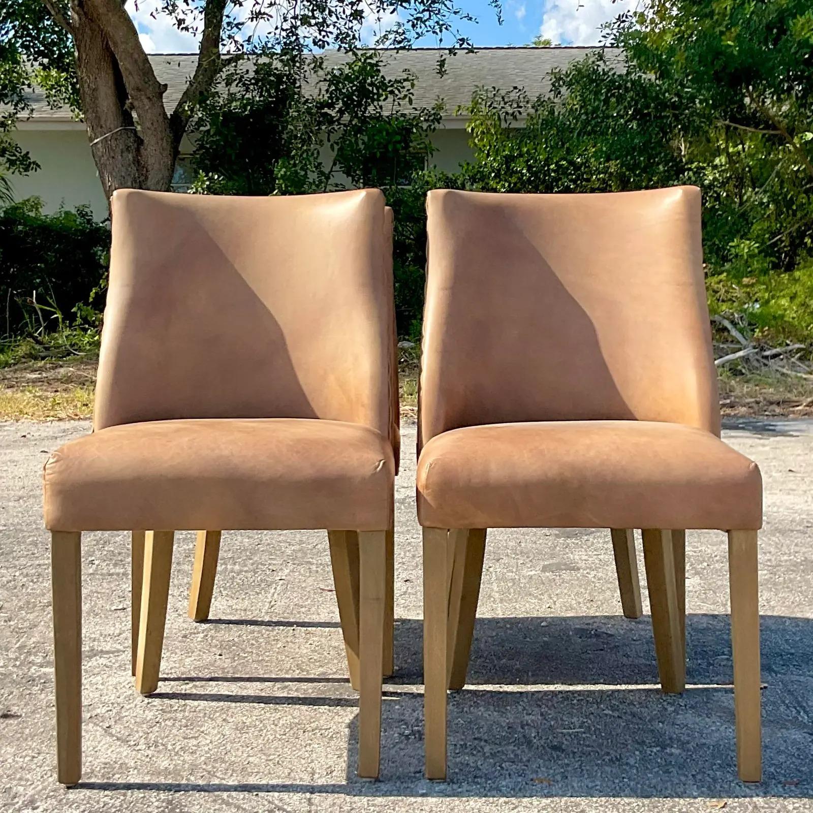 20th Century Vintage Boho Restoration Hardware “Ella” Custom Leather Dining Chairs, Set of 4