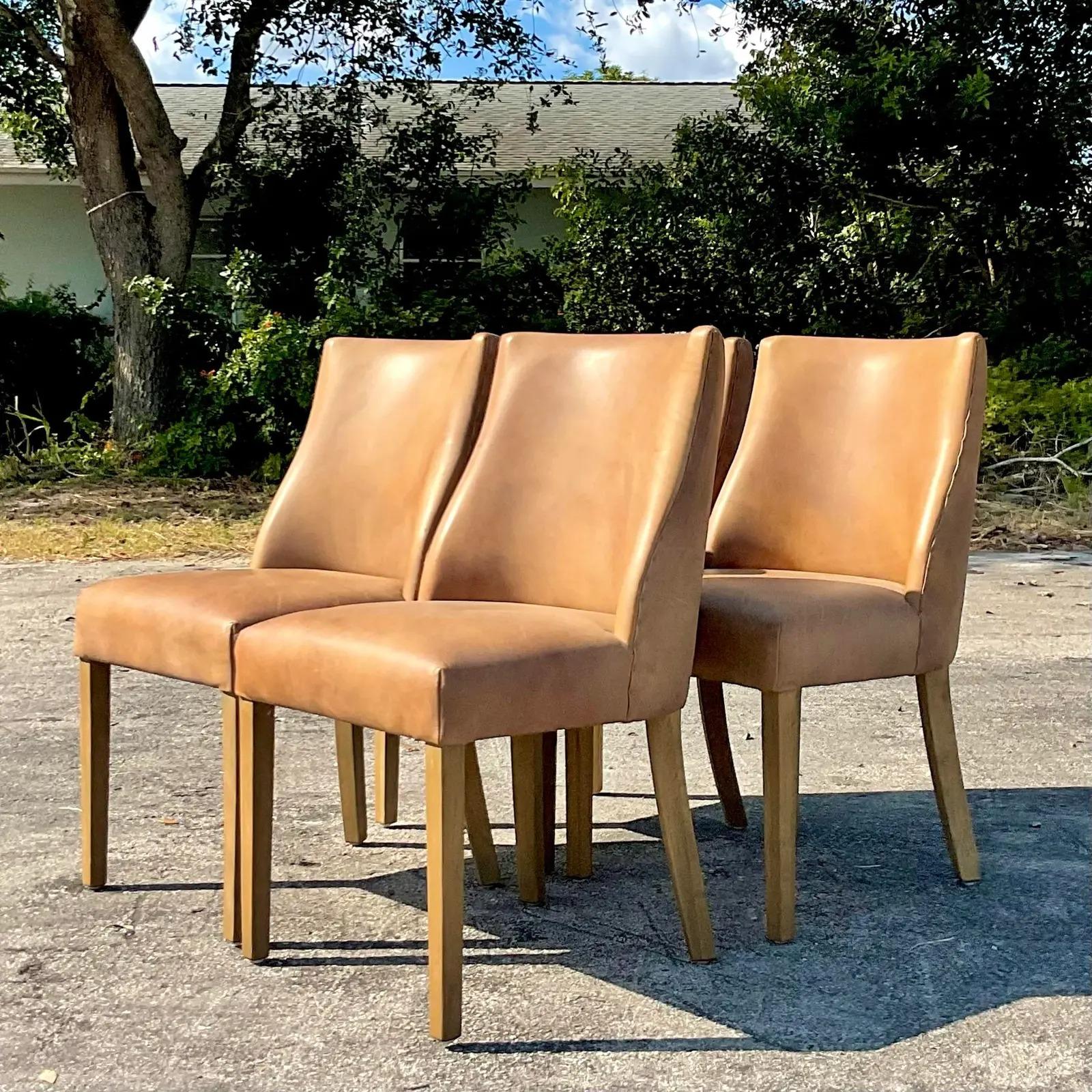 Vintage Boho Restoration Hardware “Ella” Custom Leather Dining Chairs, Set of 4 2