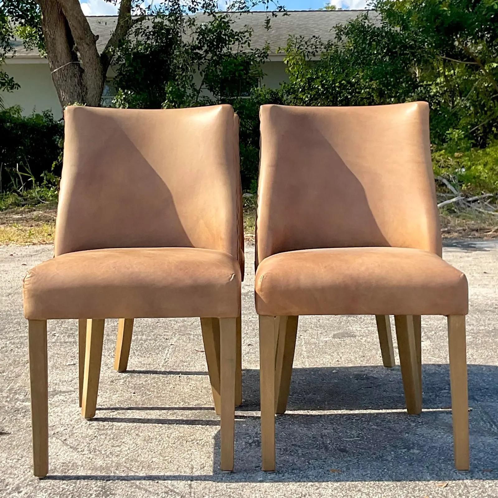 Vintage Boho Restoration Hardware “Ella” Custom Leather Dining Chairs, Set of 4 3