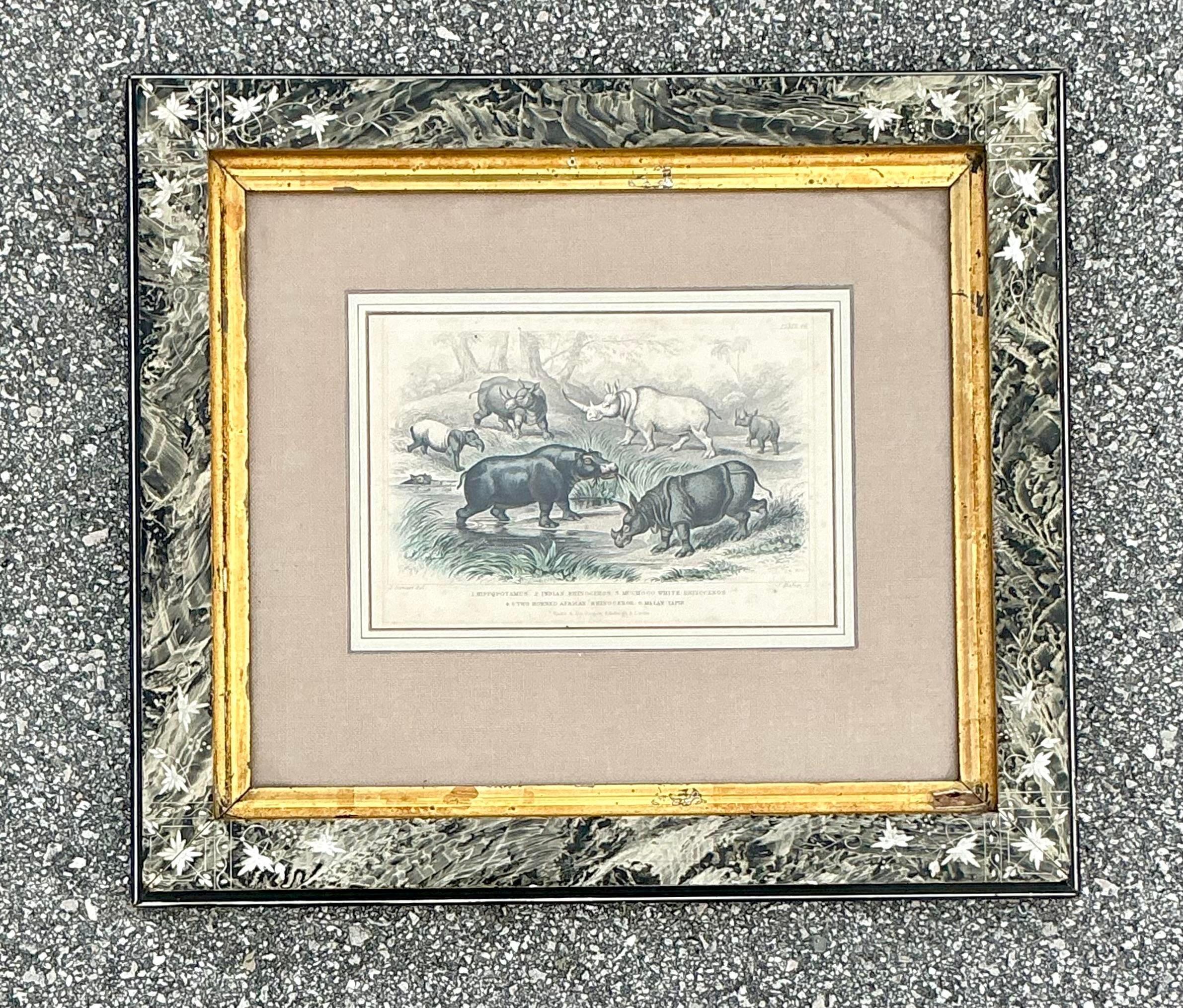 Grabado Vintage Boho Rhino en Marco Tallado Estadounidense en venta
