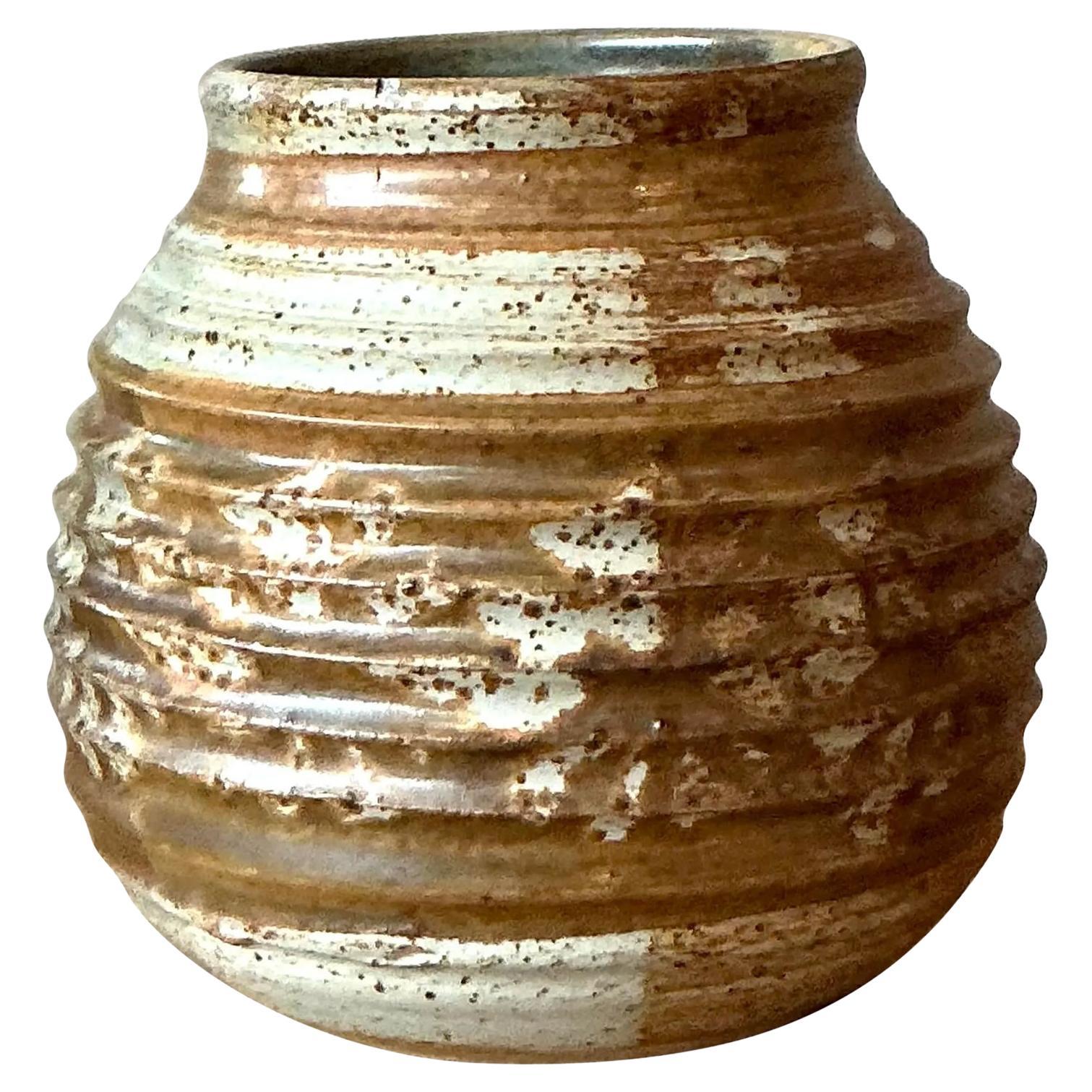 Vintage Boho Ribbed Studio Pottery Vase