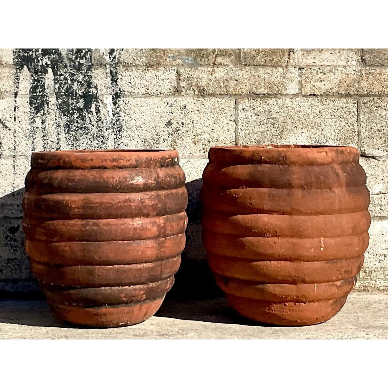 Vintage Boho Ribbed Terracotta Planters, Pair In Good Condition In west palm beach, FL
