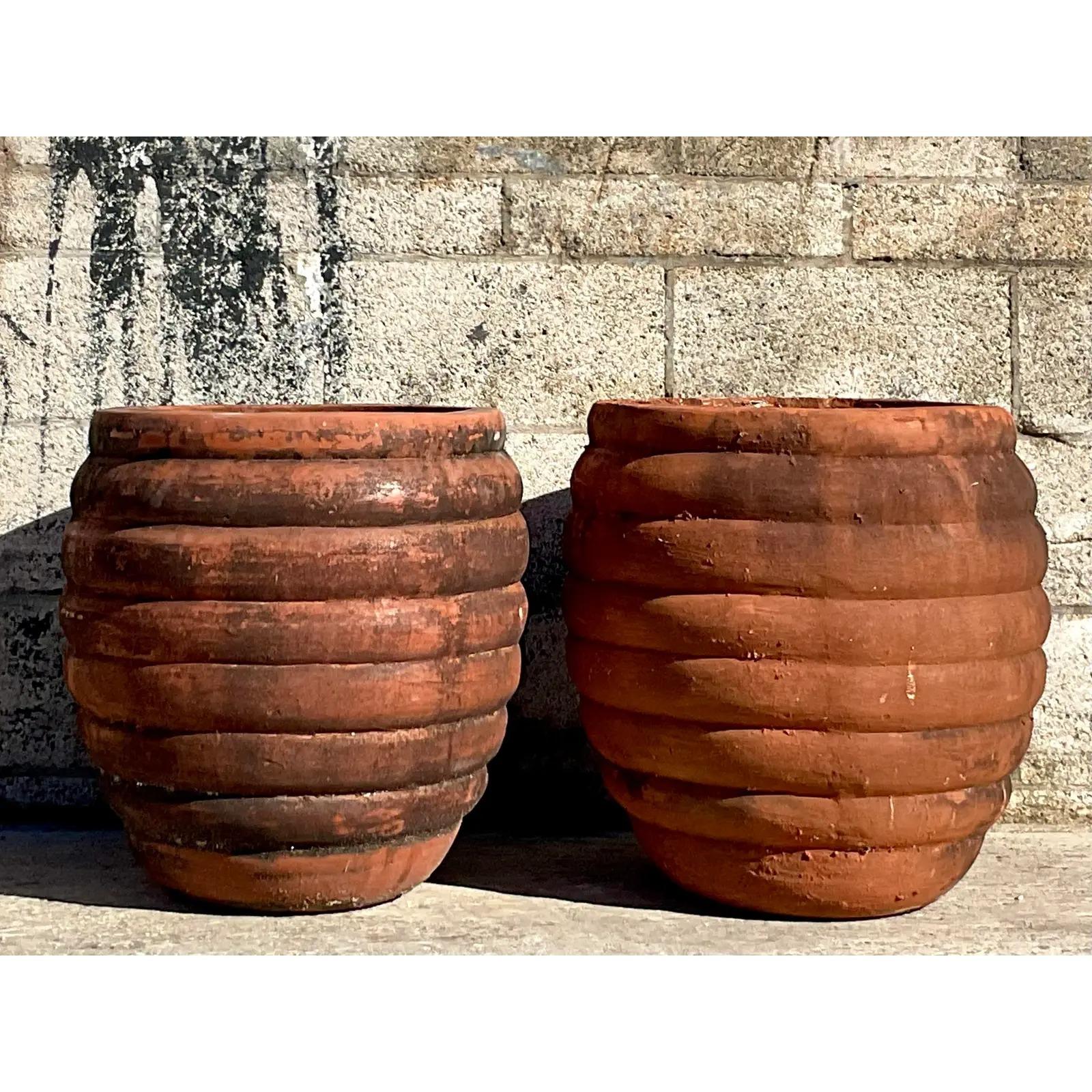 20th Century Vintage Boho Ribbed Terracotta Planters, Pair