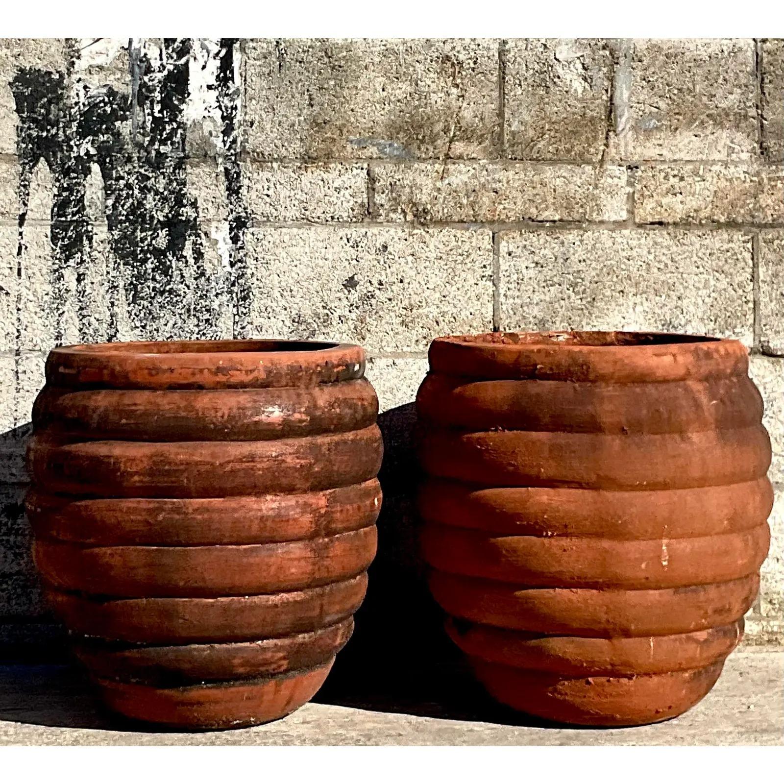 Vintage Boho Ribbed Terracotta Planters, Pair 2