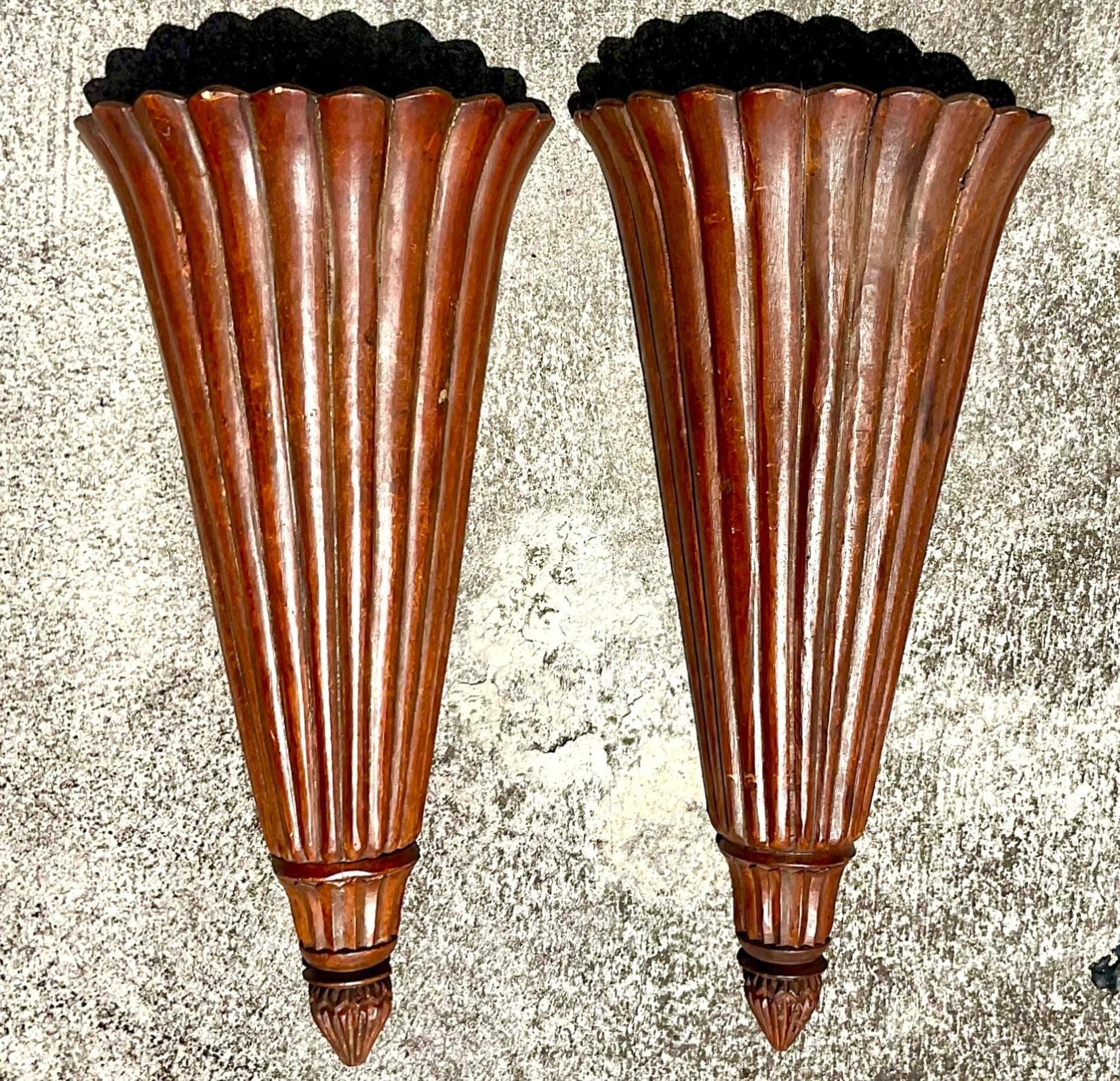 American Vintage Boho Ribbed Wood Trumpet Sconces - a Pair For Sale