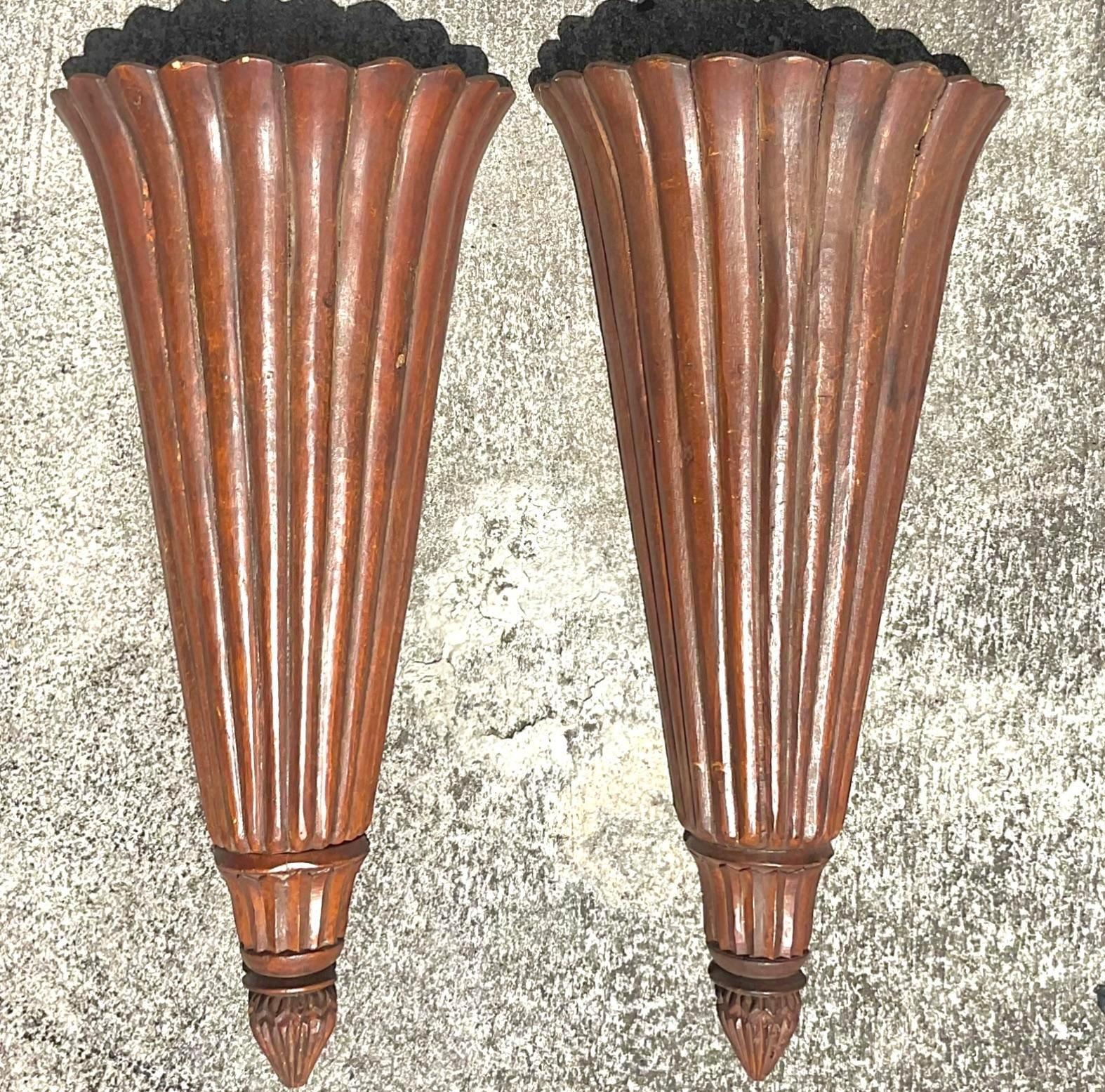 Vintage Boho Ribbed Wood Trumpet Sconces - a Pair In Good Condition For Sale In west palm beach, FL