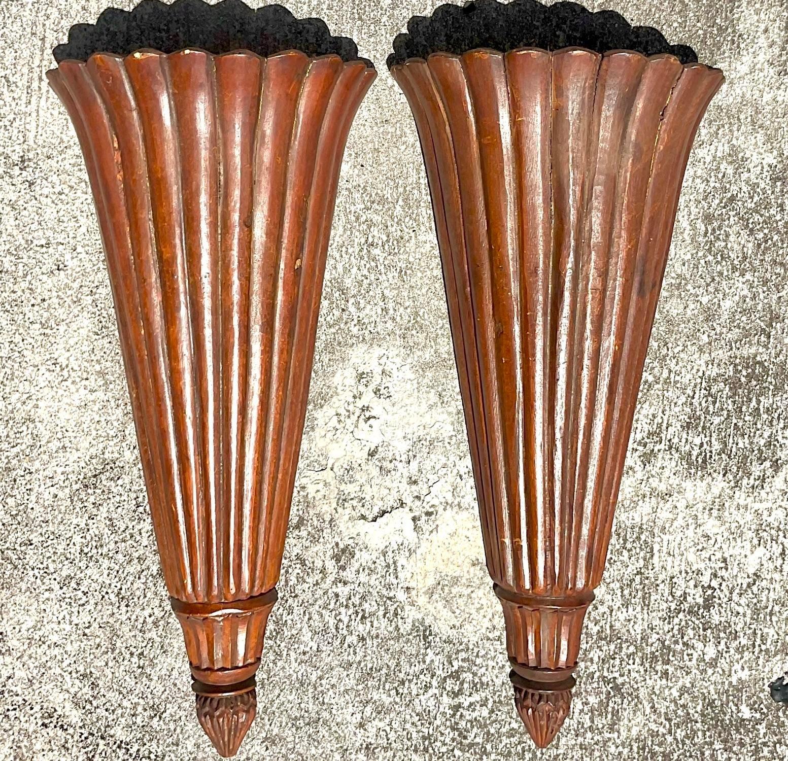 20th Century Vintage Boho Ribbed Wood Trumpet Sconces - a Pair For Sale