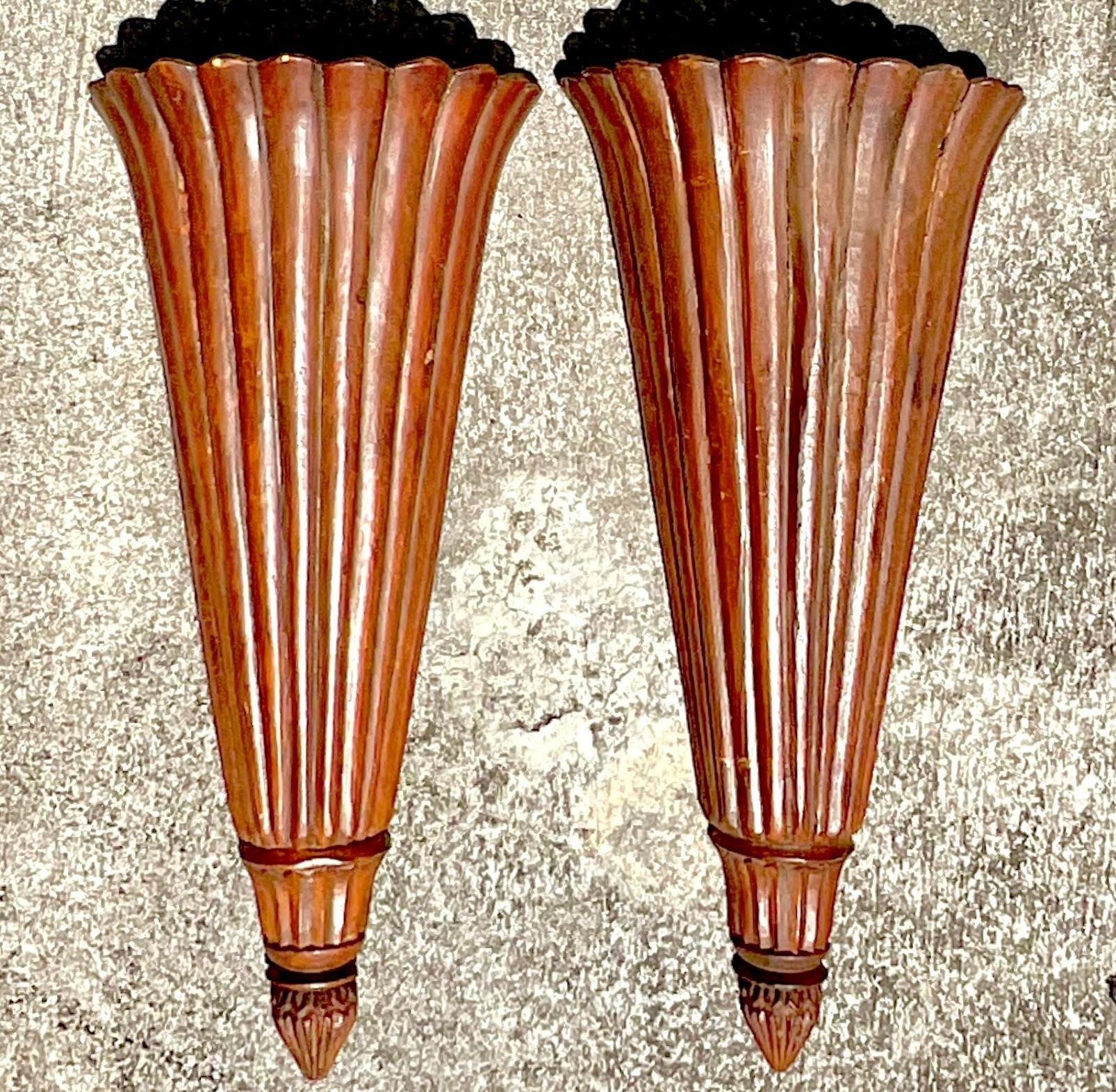 Vintage Boho Ribbed Wood Trumpet Sconces - a Pair For Sale 1