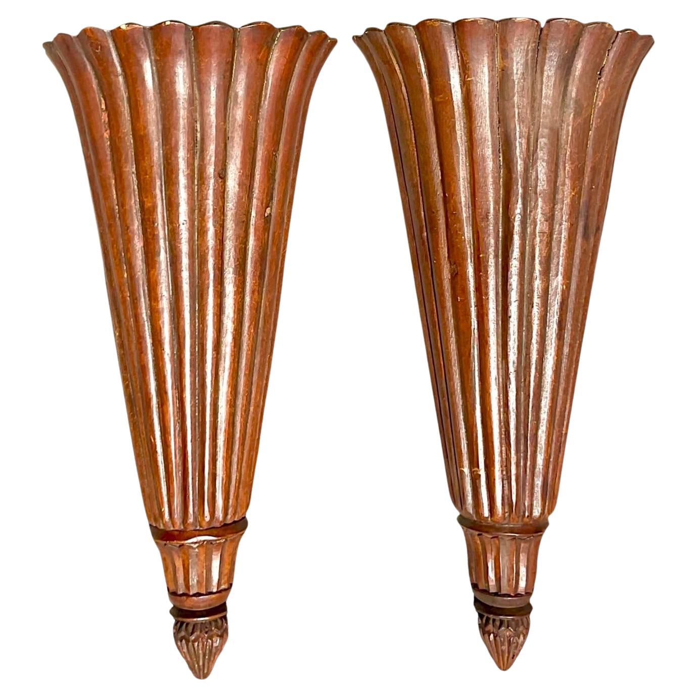 Vintage Boho Ribbed Wood Trumpet Sconces - a Pair