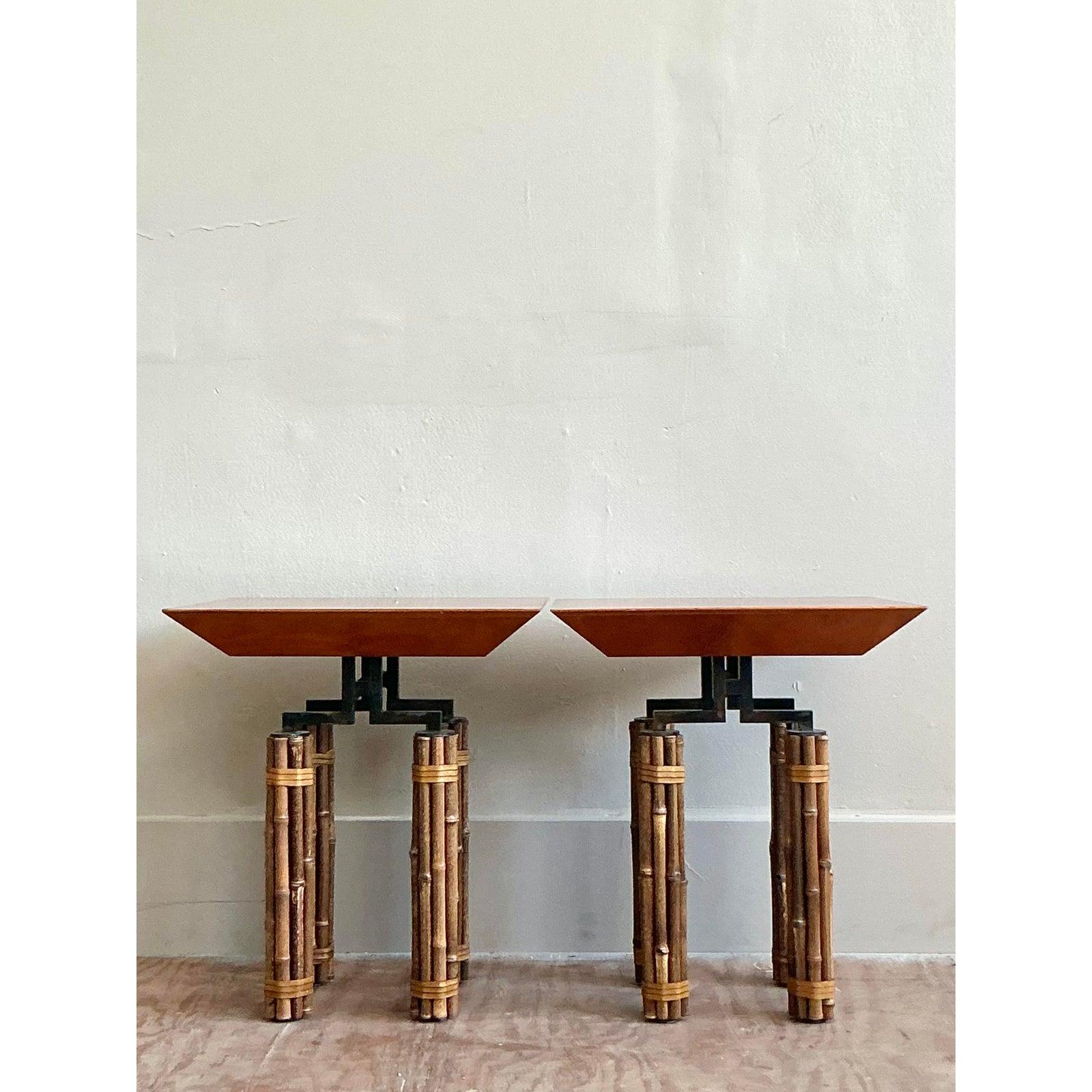 Vintage Boho Richard Huxley for McGuire Side Tables - A Pair In Good Condition For Sale In West Palm Beach, FL
