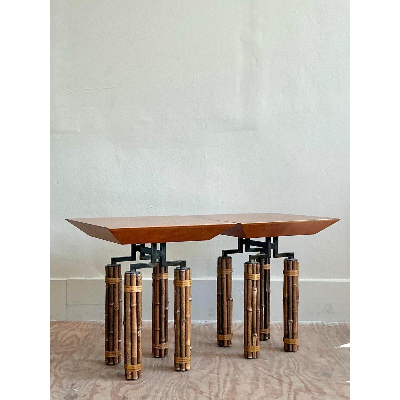 20th Century Vintage Boho Richard Huxley for McGuire Side Tables - A Pair For Sale