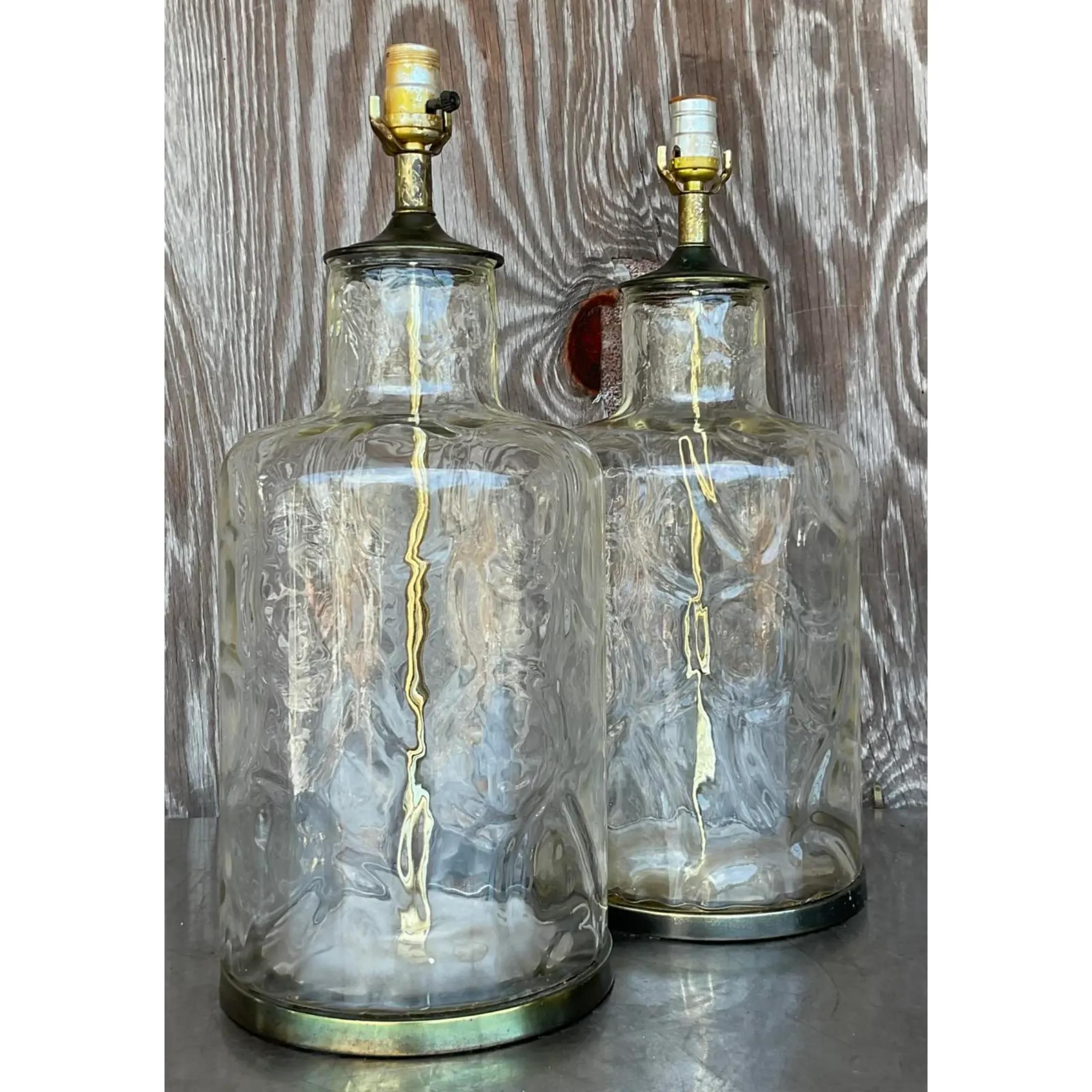 Paar Boho Ripple-Glas-Tischlampen im Vintage-Stil (Böhmisch) im Angebot