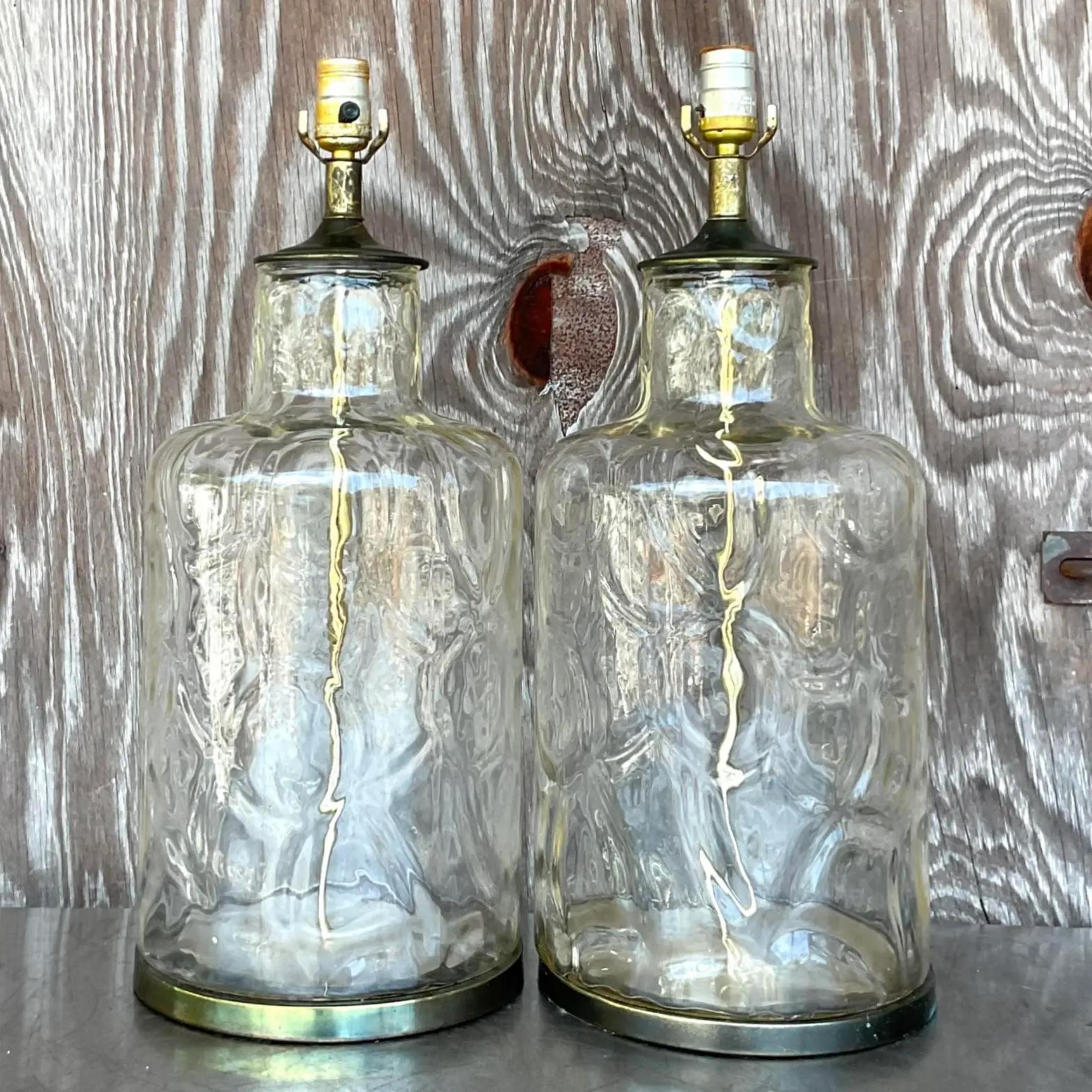 Vintage Boho Ripple Glass Table Lamps - a Pair In Good Condition For Sale In west palm beach, FL