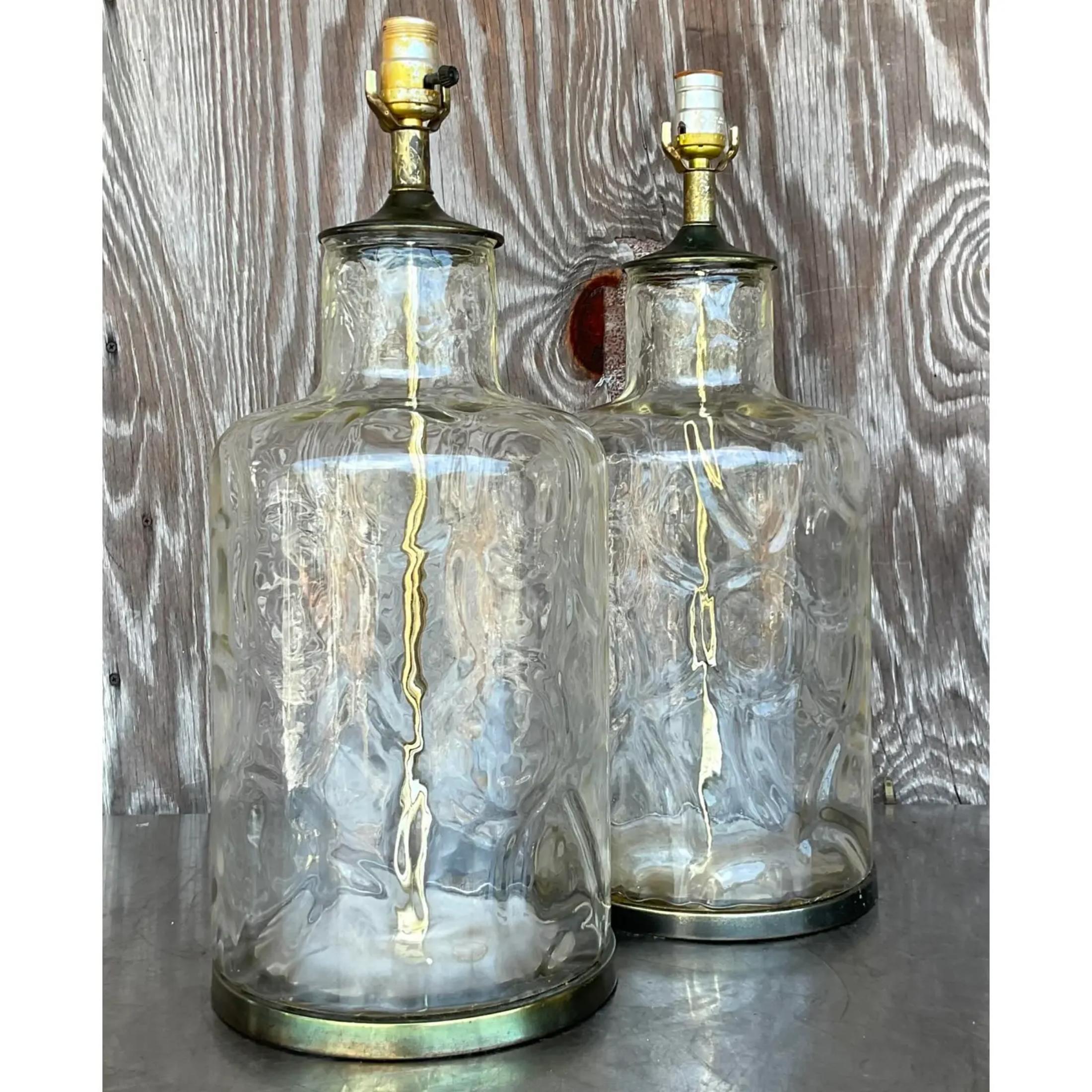 Contemporary Vintage Boho Ripple Glass Table Lamps - a Pair For Sale