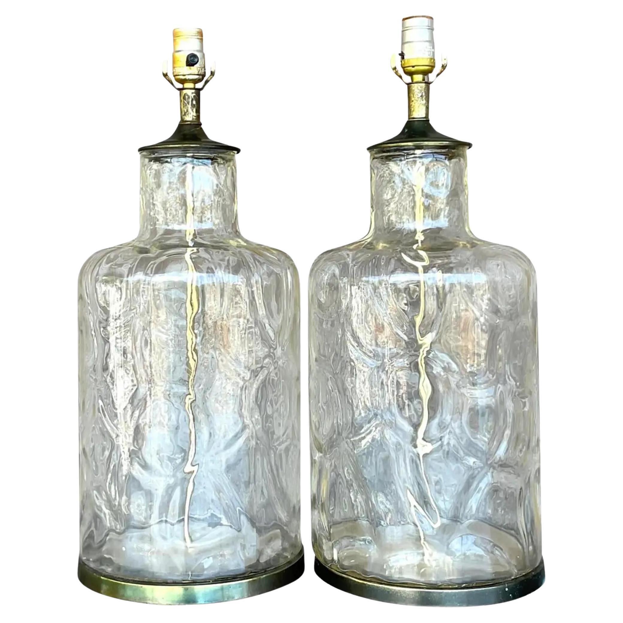 Vintage Boho Ripple Glass Table Lamps - a Pair For Sale