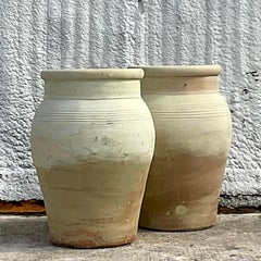 Urnas de Terracota Vintage Boho con Banda Ondulada - Set de Dos