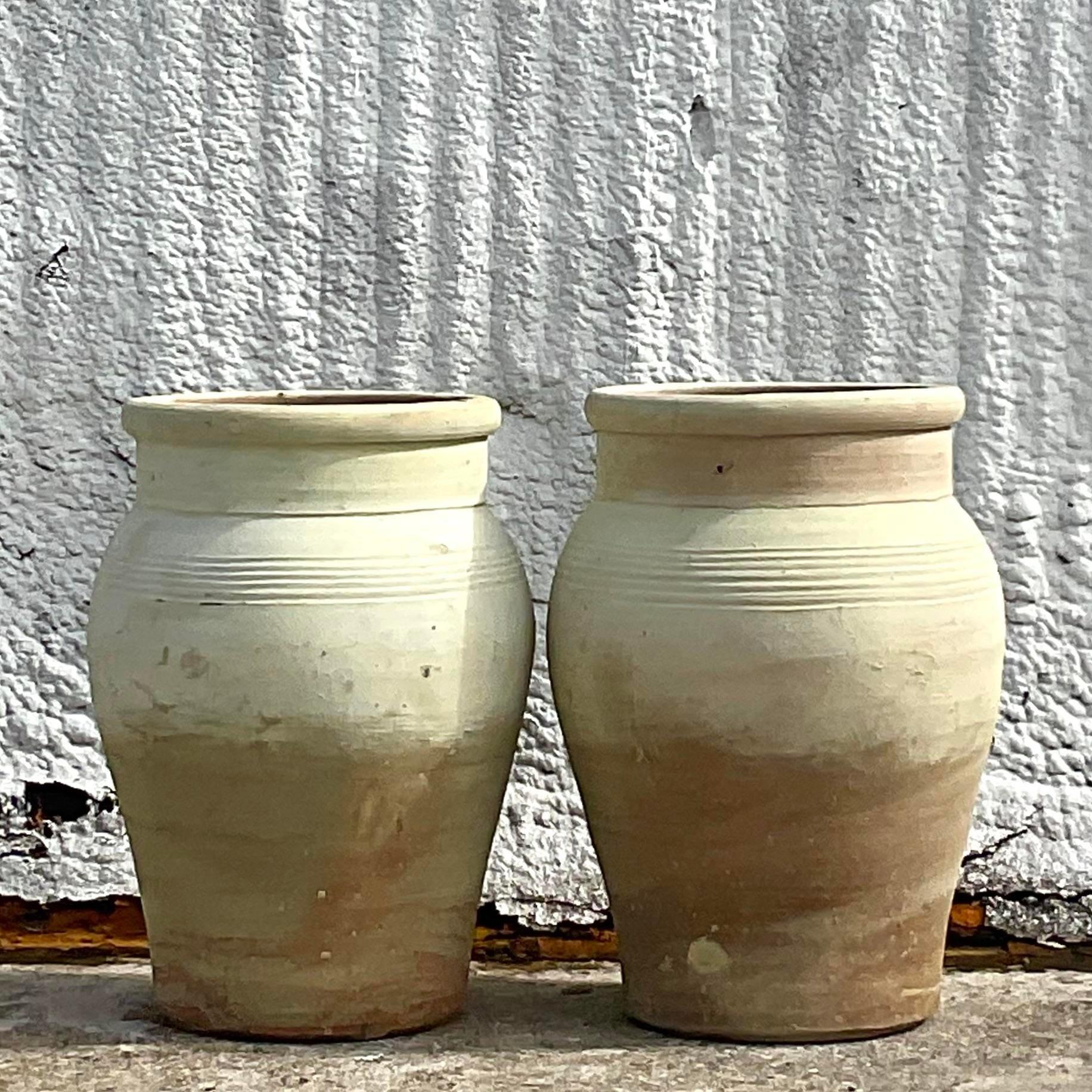 Vintage Boho Rippled Band Terra Cotta Urns - Set of Two In Good Condition For Sale In west palm beach, FL