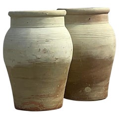 Retro Boho Rippled Band Terra Cotta Urns - Set of Two