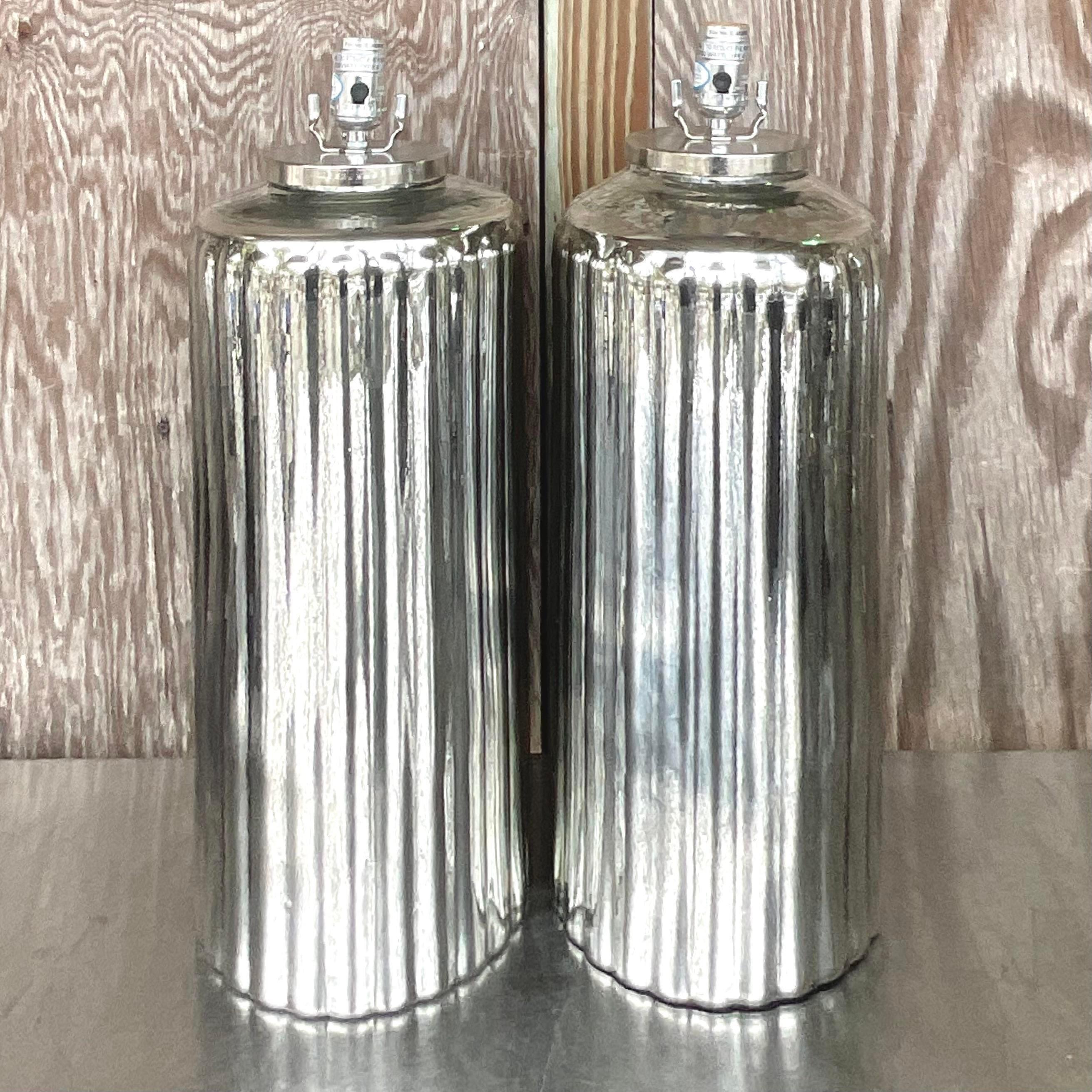 A fantastic pair of vintage Boho table lamps. A chic Mercury glass with a fabulous rippled design. Acquired from a Palm Beach estate.