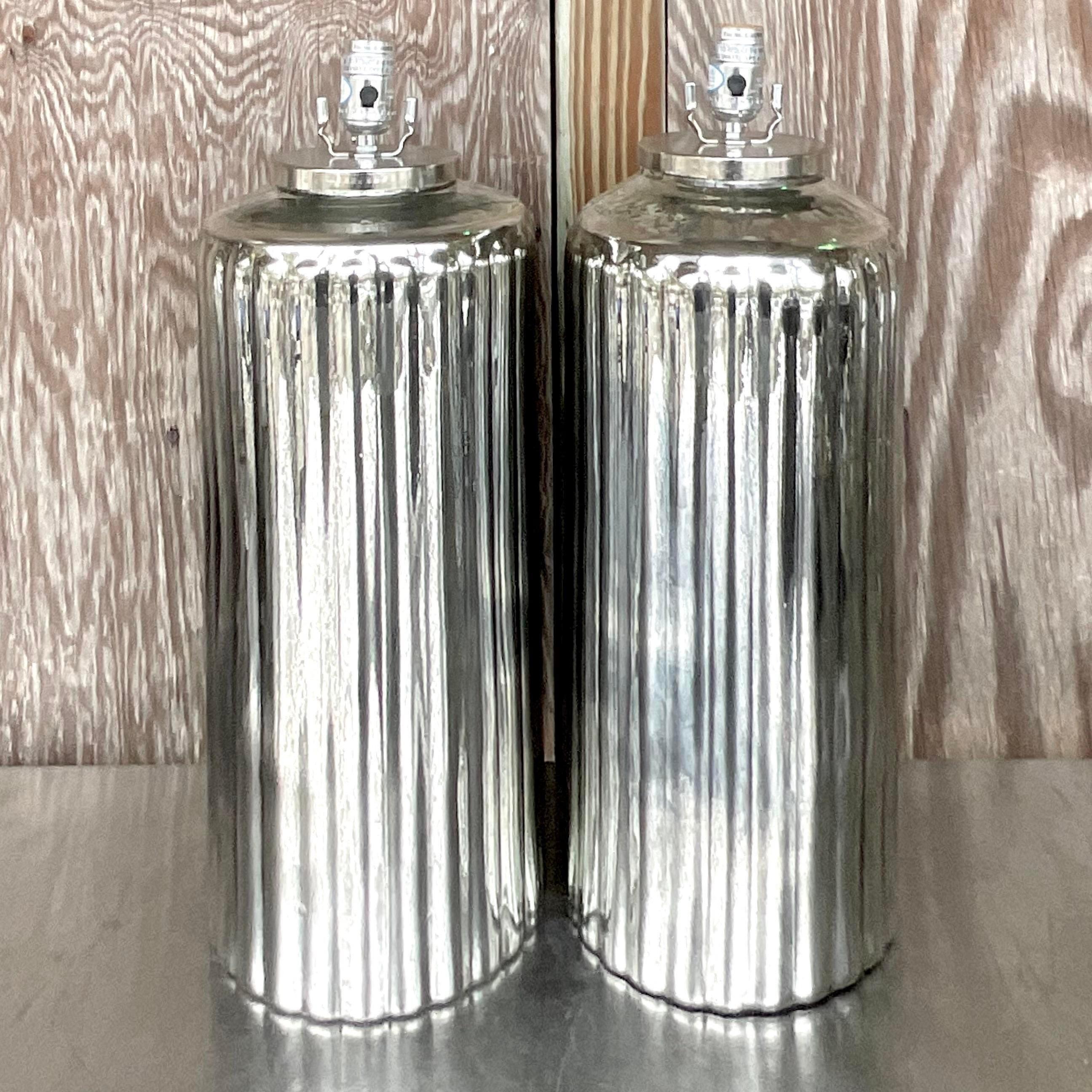 American Vintage Boho Rippled Mercury Glass Lamps - a Pair