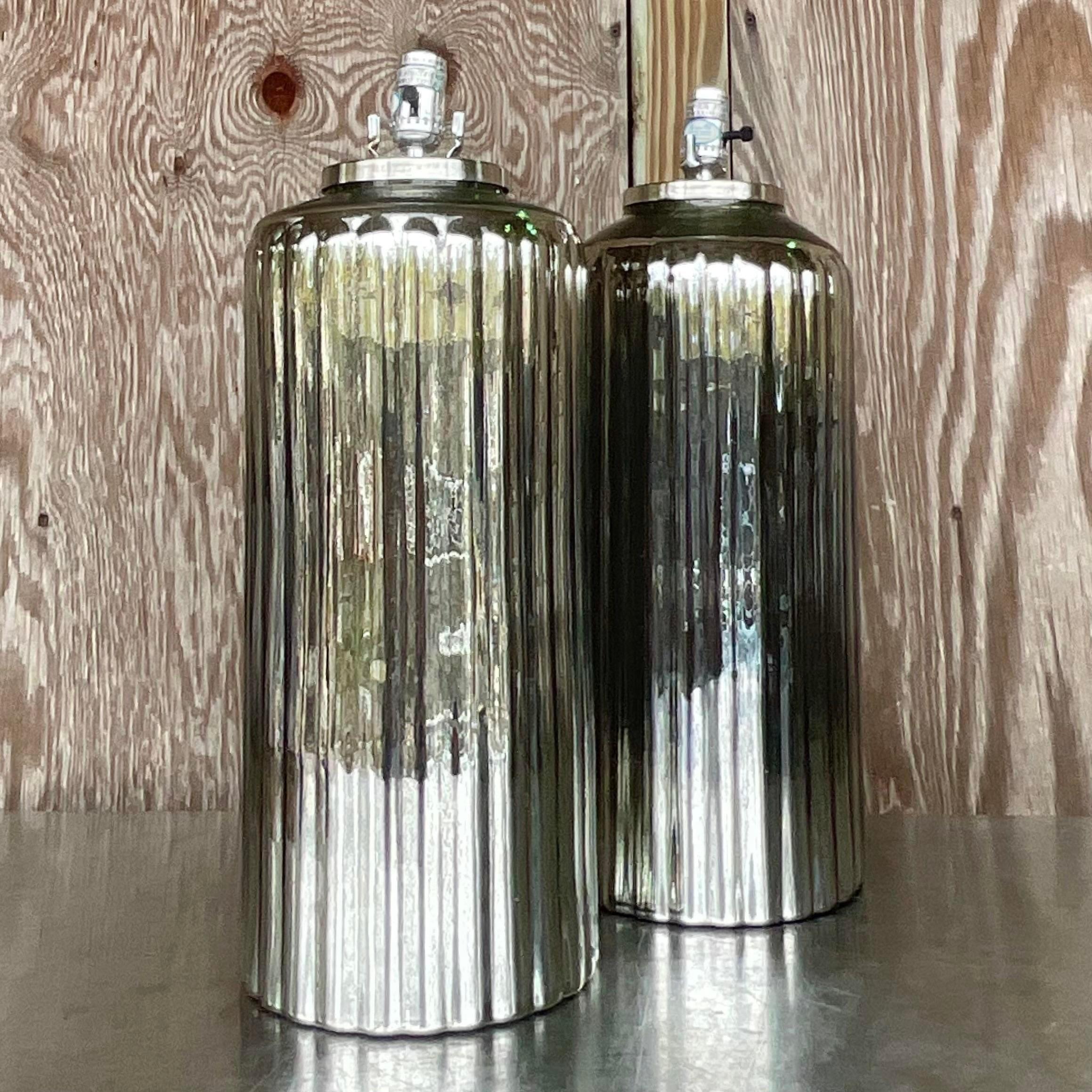 Vintage Boho Rippled Mercury Glass Lamps - a Pair In Good Condition In west palm beach, FL