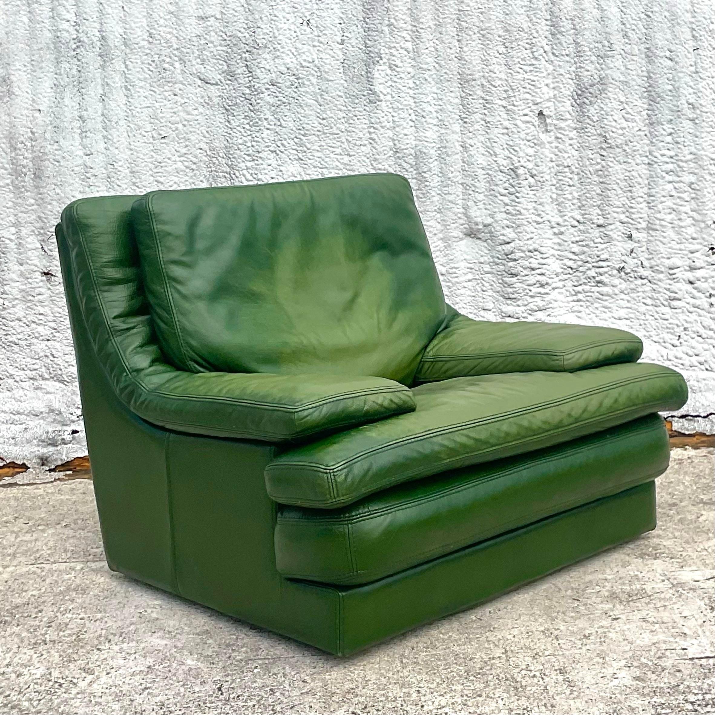Italian Vintage Boho Roche Bobois Leather Chair and Ottoman