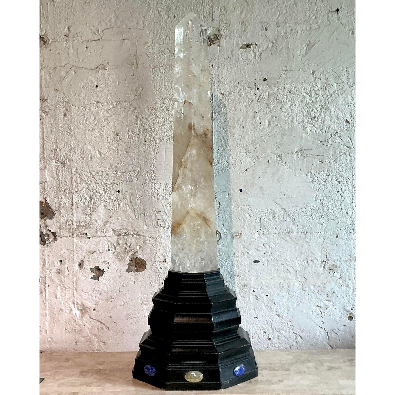 Moroccan Vintage Boho Rock Crystal Obelisk on Jeweled Pedestal For Sale