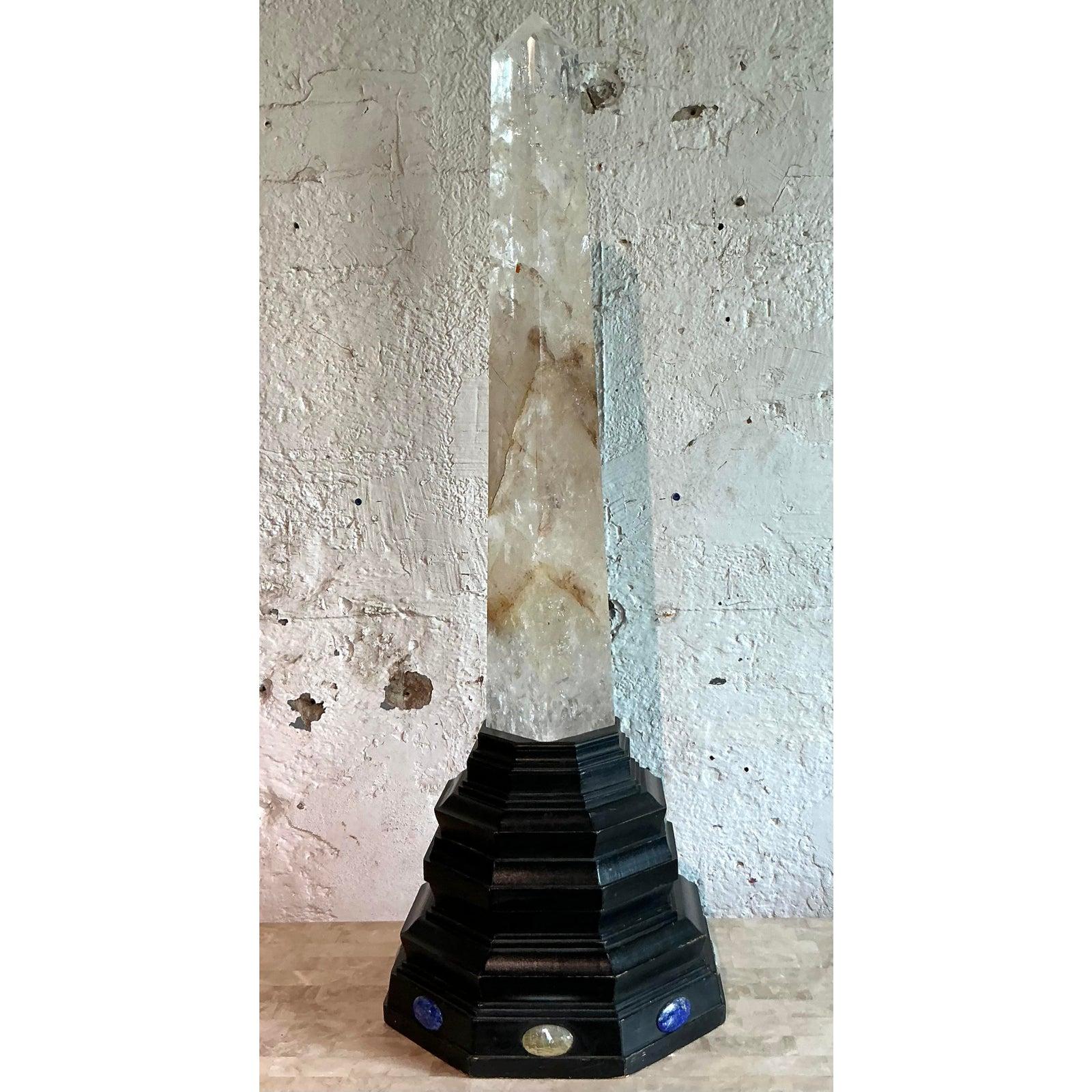 Vintage Boho Rock Crystal Obelisk on Jeweled Pedestal In Good Condition For Sale In West Palm Beach, FL
