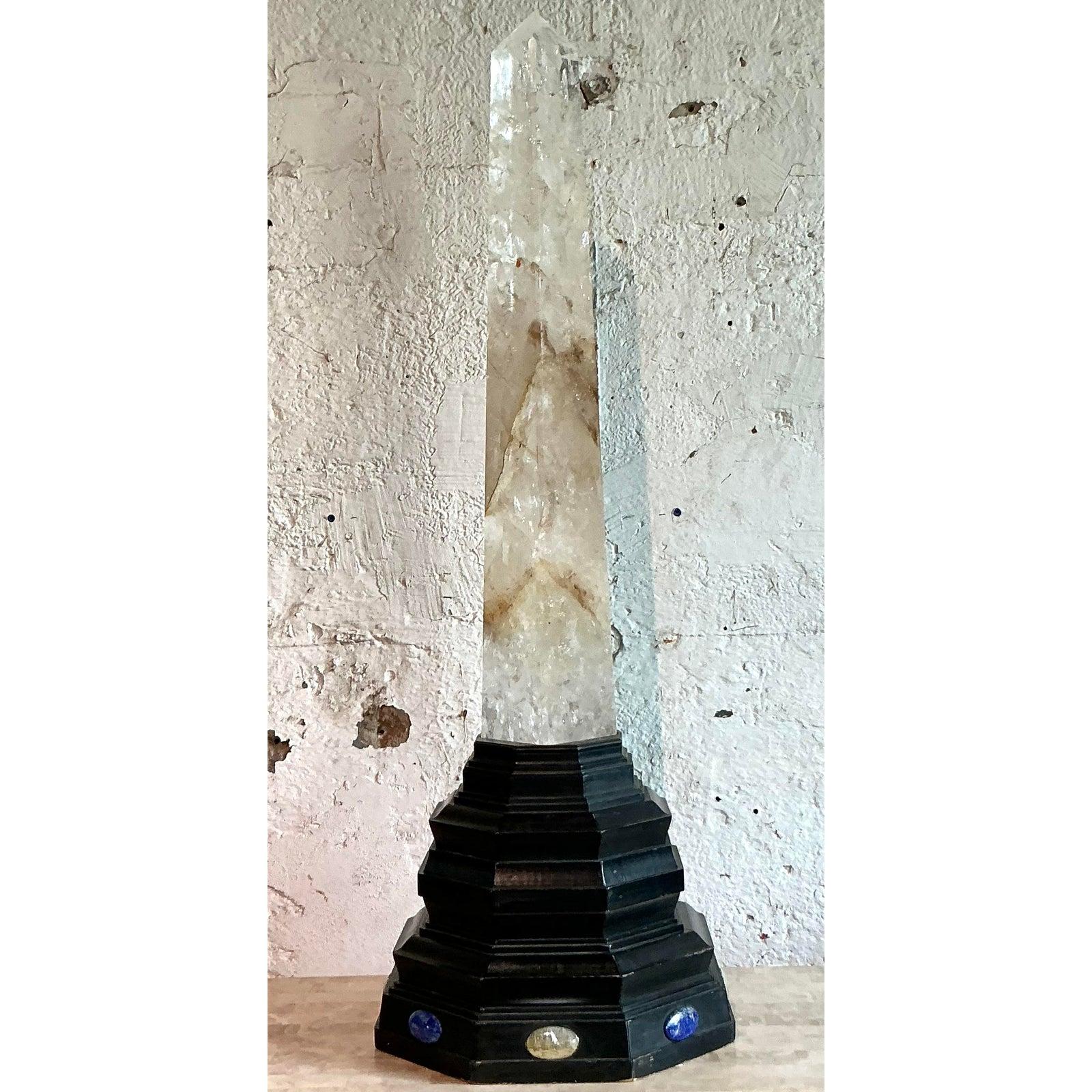 Vintage Boho Rock Crystal Obelisk on Jeweled Pedestal For Sale 1