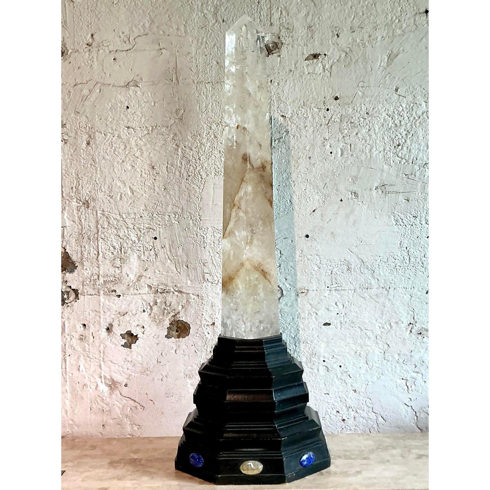 Vintage Boho Rock Crystal Obelisk on Jeweled Pedestal For Sale 2