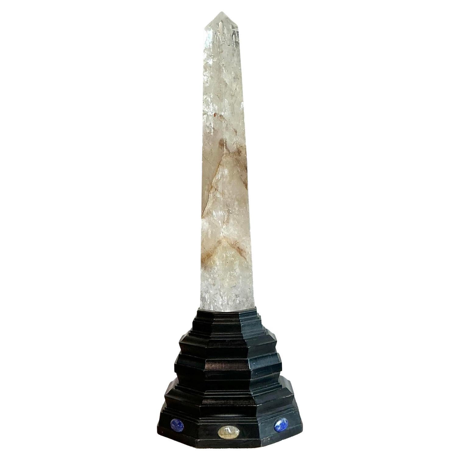 Vintage Boho Rock Crystal Obelisk on Jeweled Pedestal For Sale