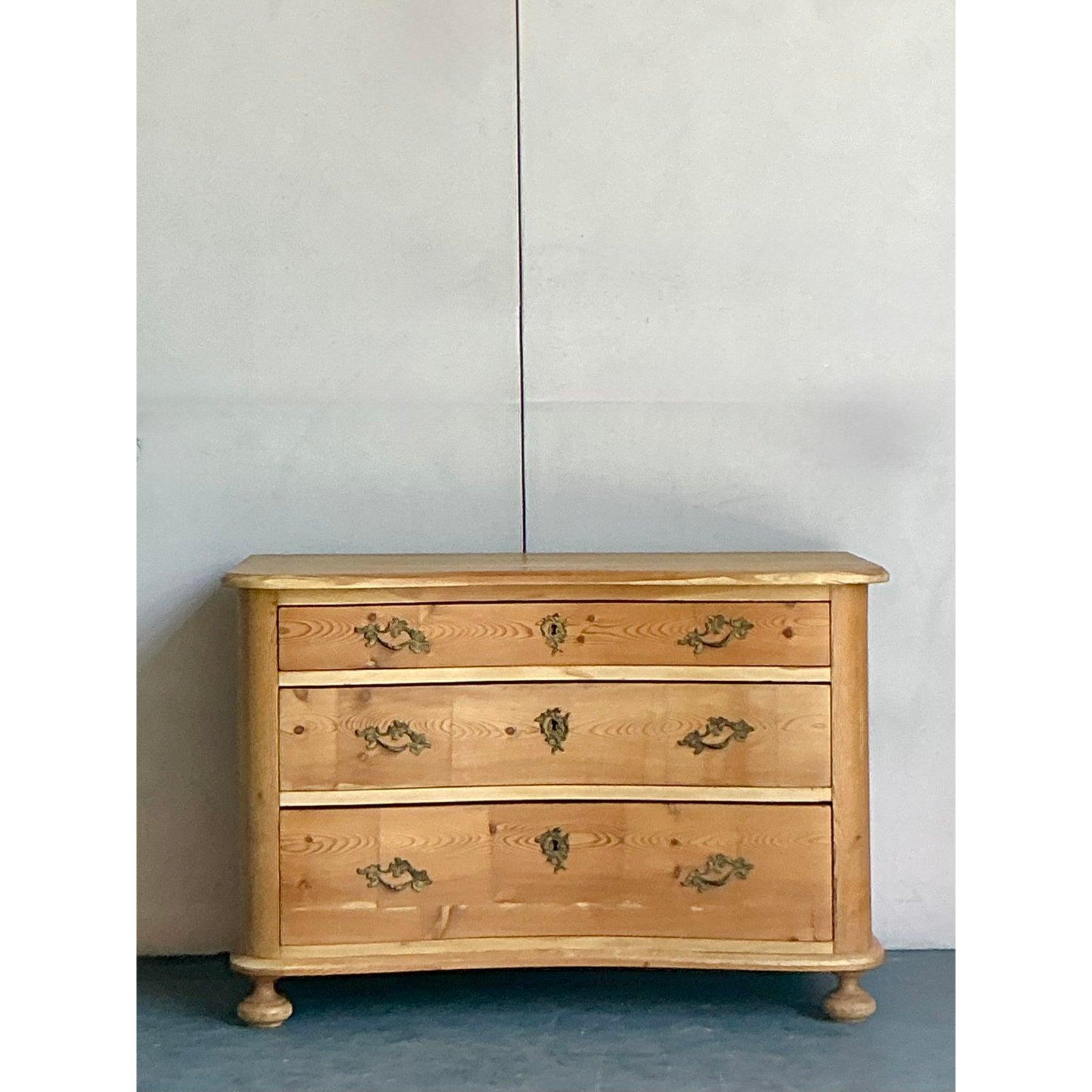 Rustic Vintage Boho Roll Front Knotty Pine Chest of Drawers For Sale