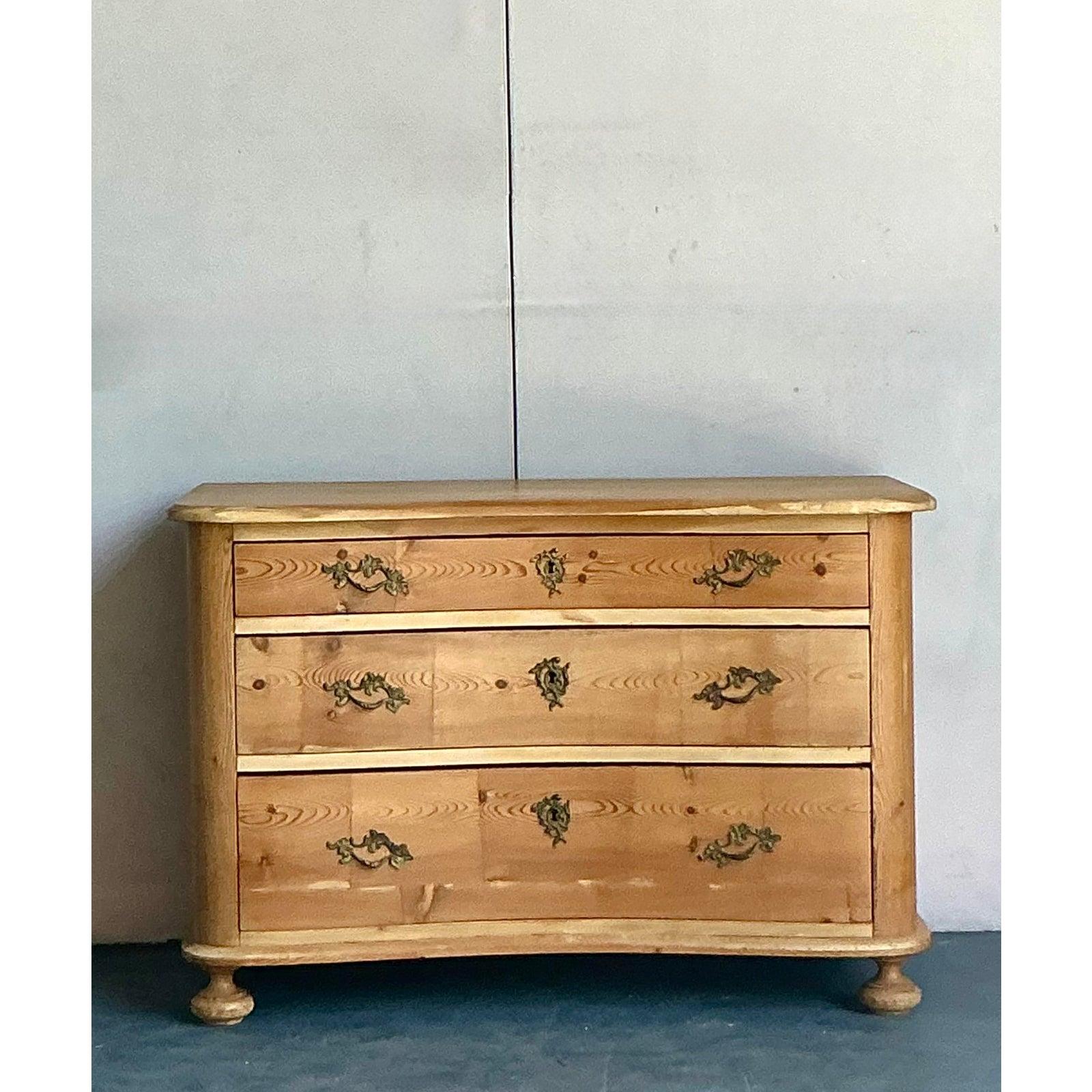American Vintage Boho Roll Front Knotty Pine Chest of Drawers For Sale